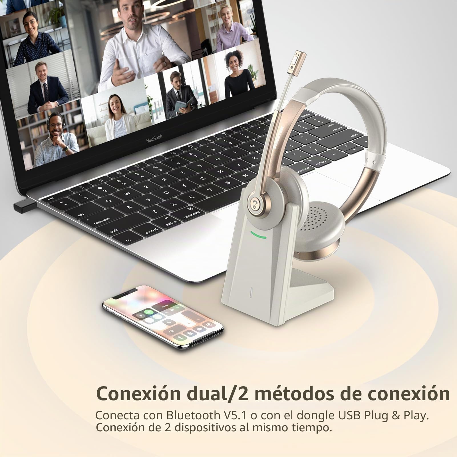 Auriculares inalámbricos QCC v5.1 Bluetooth con micrófono, micrófono CVC cancelación de ruido y silencio/base de carga/dongle USB, 26 horas manos libres para teléfonos celulares/equipos Ms