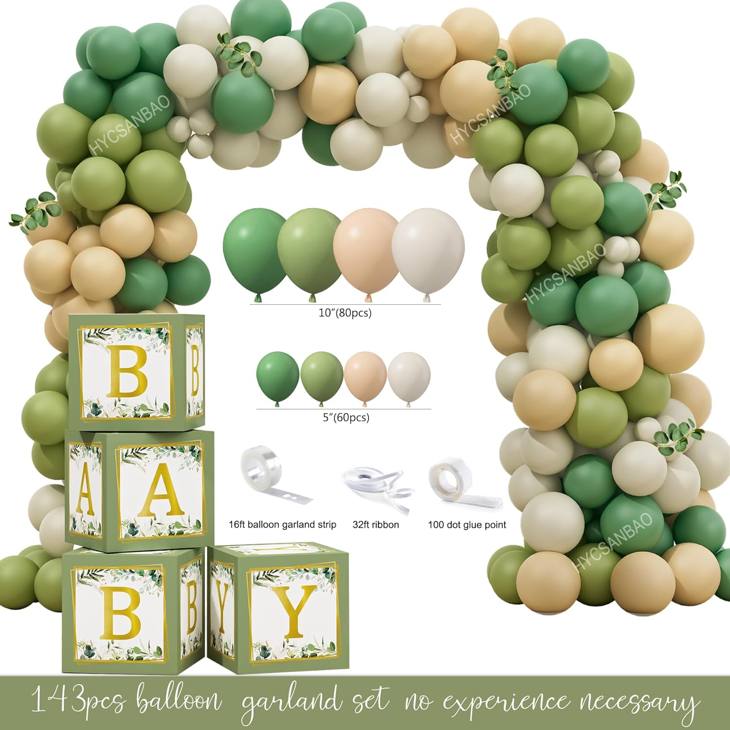 Sage Green Baby Shower Decorations, Gender Neutral Baby Shower Decorations, Greenery BabyShower Party Supplies, Oh Baby Backdrop Tablecloth Balloon Garland BABY Box Welcome Baby Banner