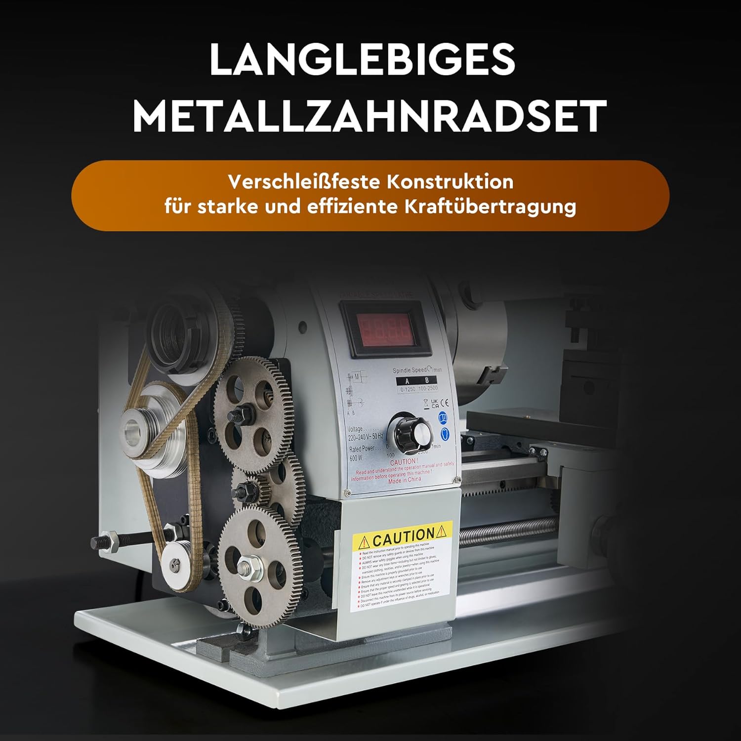 View of the durable metal gear set inside the lathe's headstock