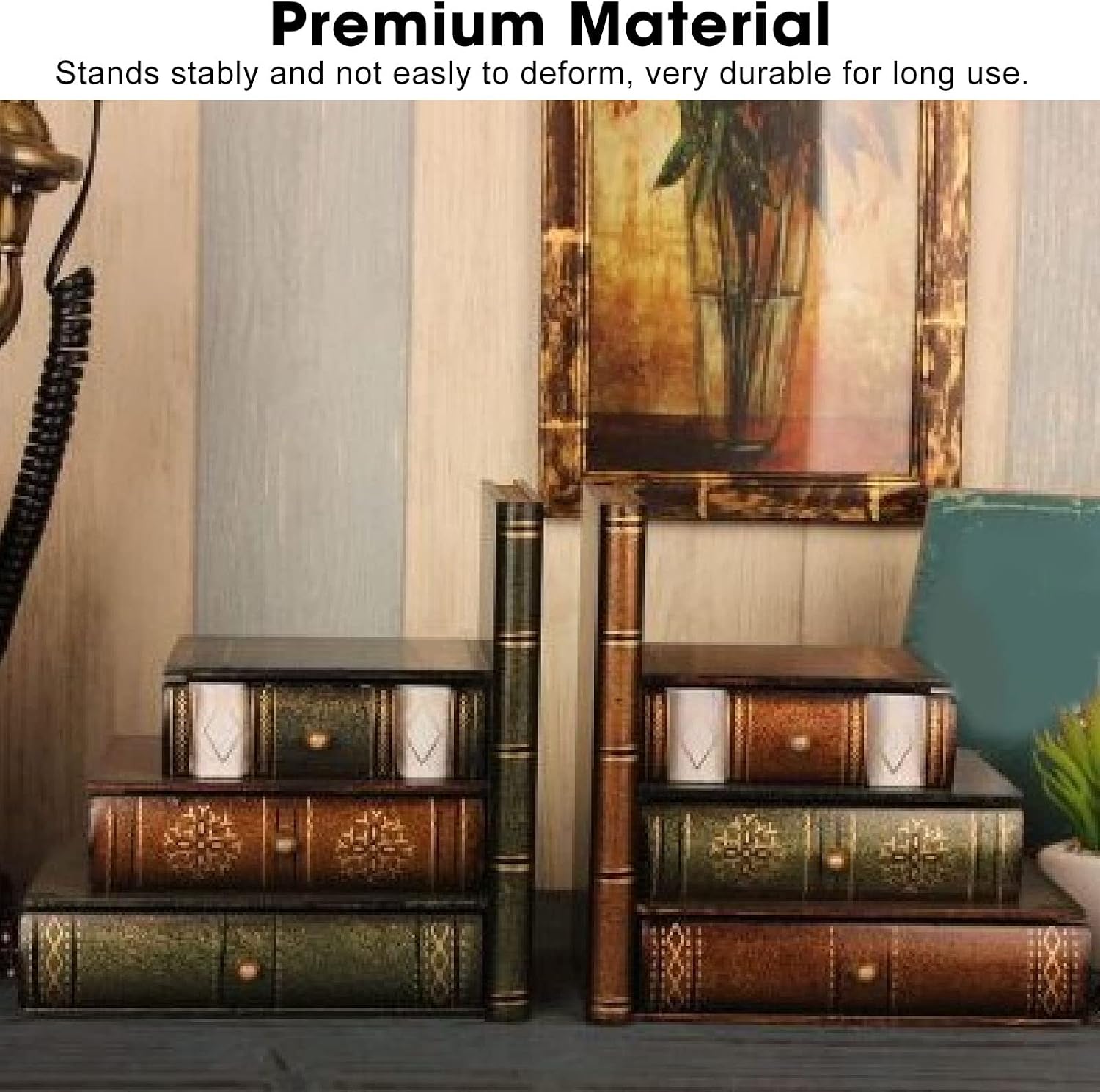 PenRux Decorative Bookends, Wooden Antique Retro Bookend Stopper with Drawers Heavy Duty Bookshelves Book Ends Books Support Stand, Non Skid Book Stopper for Books CDs Magazines