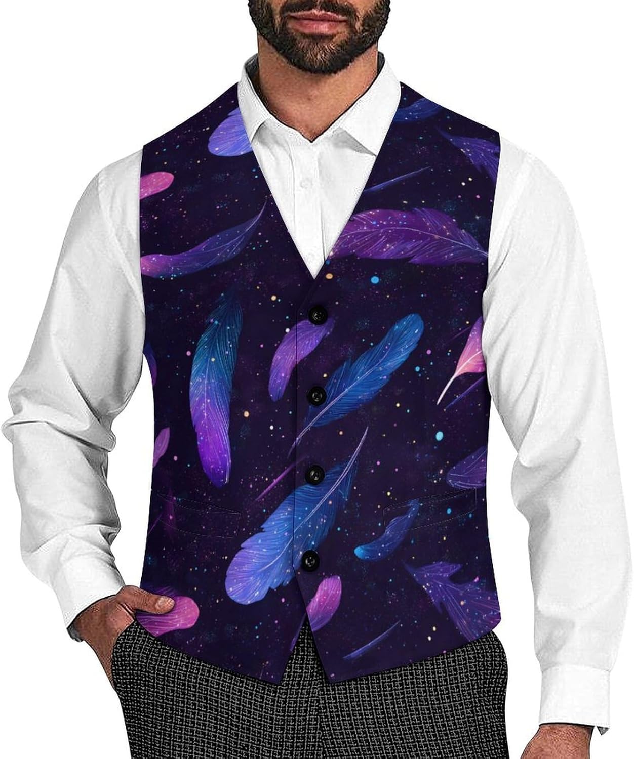 Colorful Star Feather Men's Suit Vest Formal Vests Casual Dress Fit Waistcoat Casual Tuxedo for Business