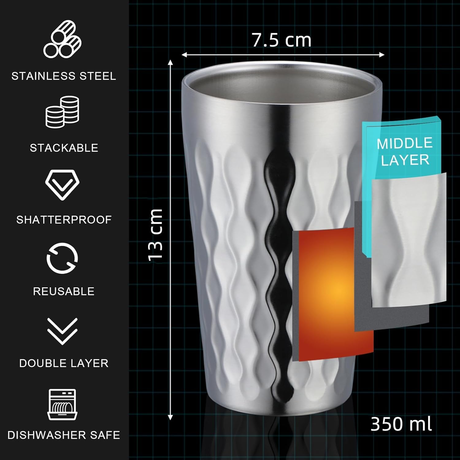Buyer Star 10oz Edelstahl Becher Set, 6Stück Doppelwandiger Metallbecher, Vakuum Stapelbar Isolierte Tragbare Trinkbecher Unzerbrechliche Gläser, für Zuhause Outdoor Restaurant (Orange rot)