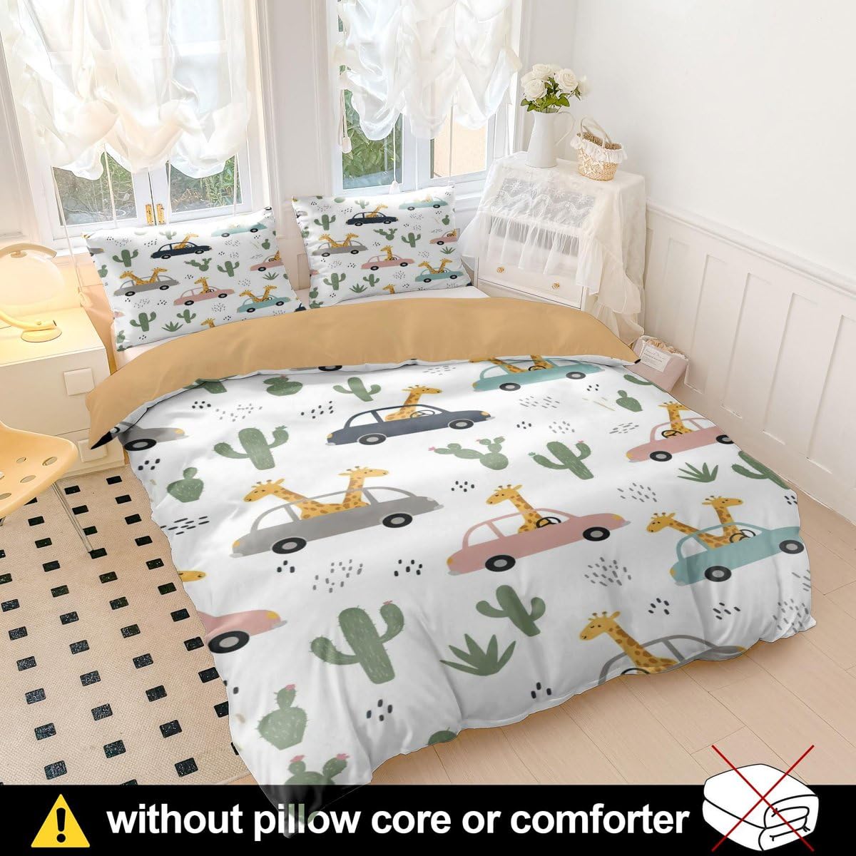 Juego de funda de edredón con estampado de jirafa y cactus de dibujos animados, ropa de cama de microfibra suave para decoración de dormitorio infantil (estilo 1, tamaño King 240 x 220 cm + 50 x 75 cm