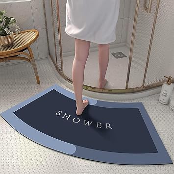 Quadrant Curved Bath Mat, Super Absorbent Curved Shower Rug, Soft and Comfy Corner Bathroom Rug, Washable Curved Shower Mat with Non-Slip Bottom for Circular ShowerBlue,40x75CM