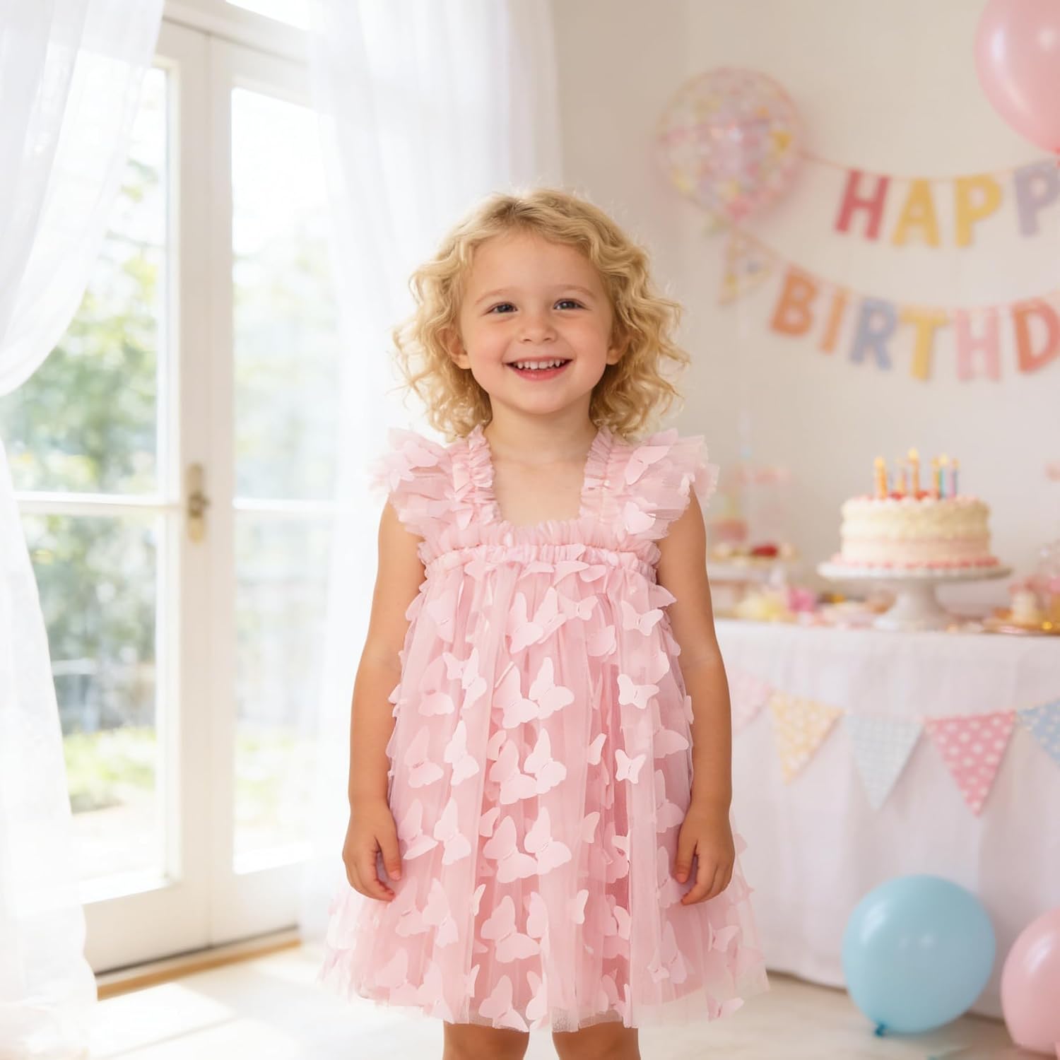AGQT Baby Girls Tulle Dress Toddler Layered Tutu Ruffled Sleeve Dresses Fairy Summer Birthday Party Wedding Gowns 9M-5T