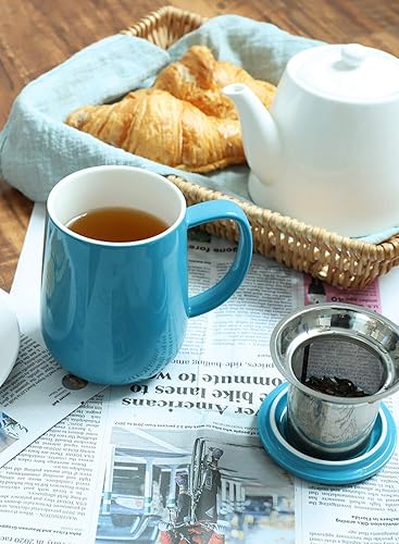 Miniatura 8 de Sweese Taza de té de porcelana de 20 onzas con infusor y tapa, taza de té de hojas sueltas, regalos para amantes del té, blanco y azul acero