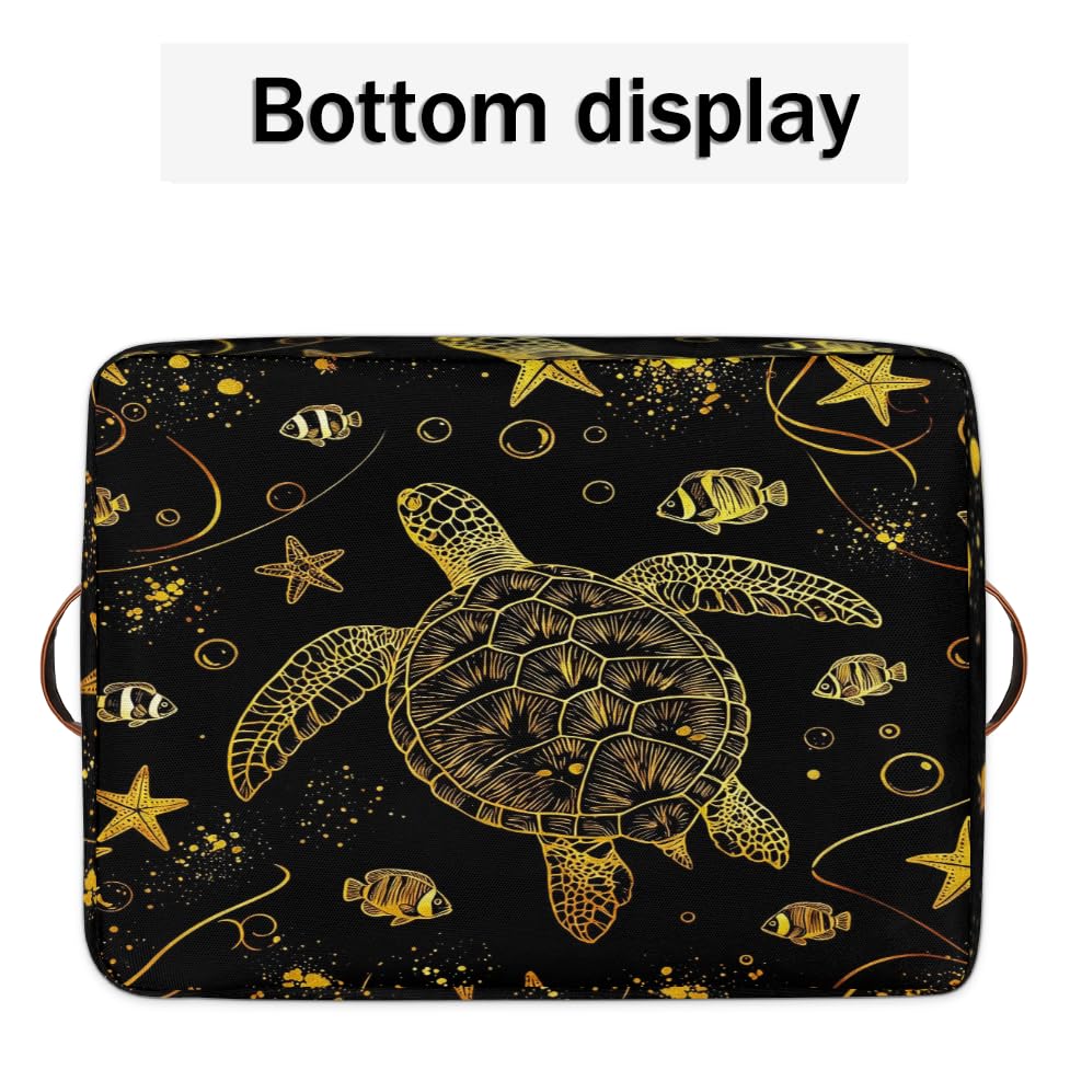 Image of Gold Sea Turtle Square Storage Basket, Starfish Tropical Fish Fabric Storage Bin with Leather Handles Collapsible Storage Bin Nursery Hamper for Organizing Toys, Clothes, Books, Gift Baskets