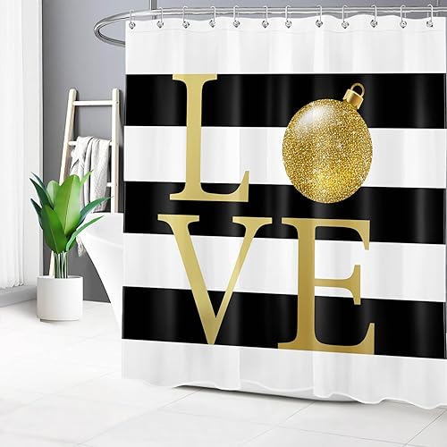 Miniatura 2 de LB Christmas Shower Curtain Sets with Rugs Gold Xmas Ball and Funny Quotes on Black and White Striped Fabric Shower Curtain with Hooks New Year