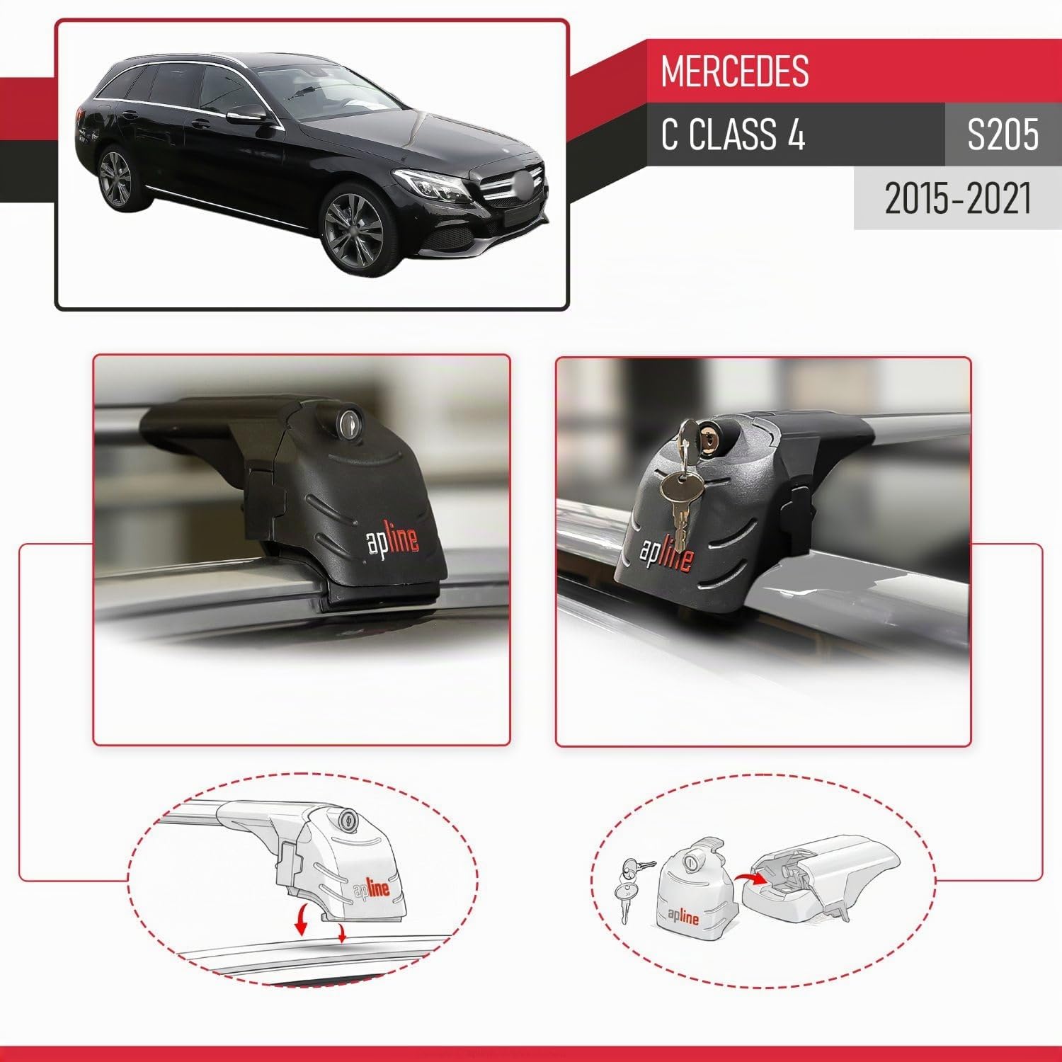 Compatible con Mercedes C-CLASS (S205) 2014-2021 Barras de techo ACE-2 Portaequipajes Barras Transversales GRIS
