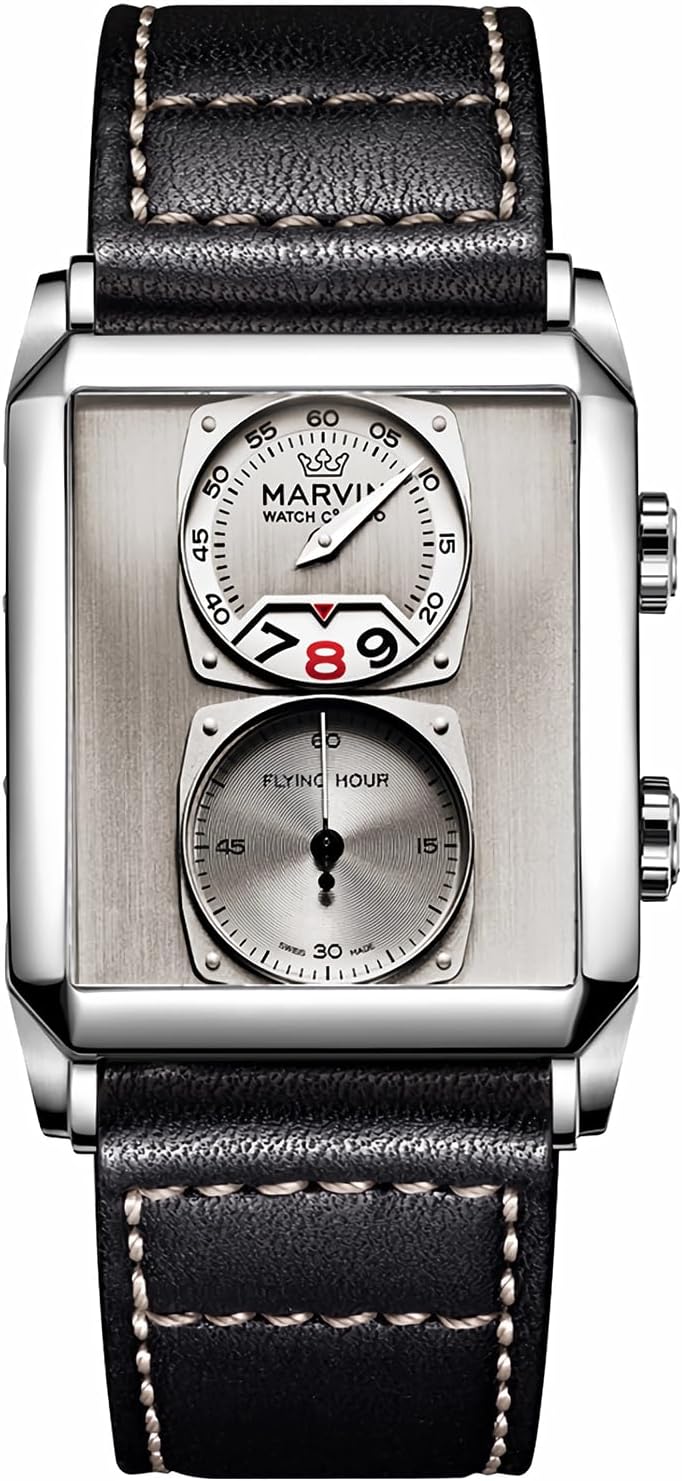 marvin Watches for Men Swiss Mens Watch in Stainless Steel with Leather Strap and Rectangular Sapphire Glass Dial, Quartz Movement, 50M Waterproof