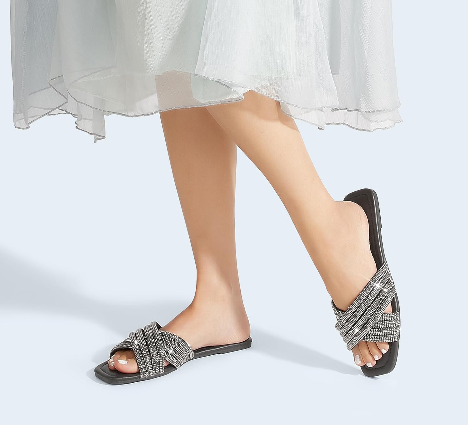 LUCKY STEP Women's Rhinestone Flat Sandals Open Toe Summer Glitter Bling Sparkle Dressy Slip on Outdoor Crossed Strap Slide - Image 8