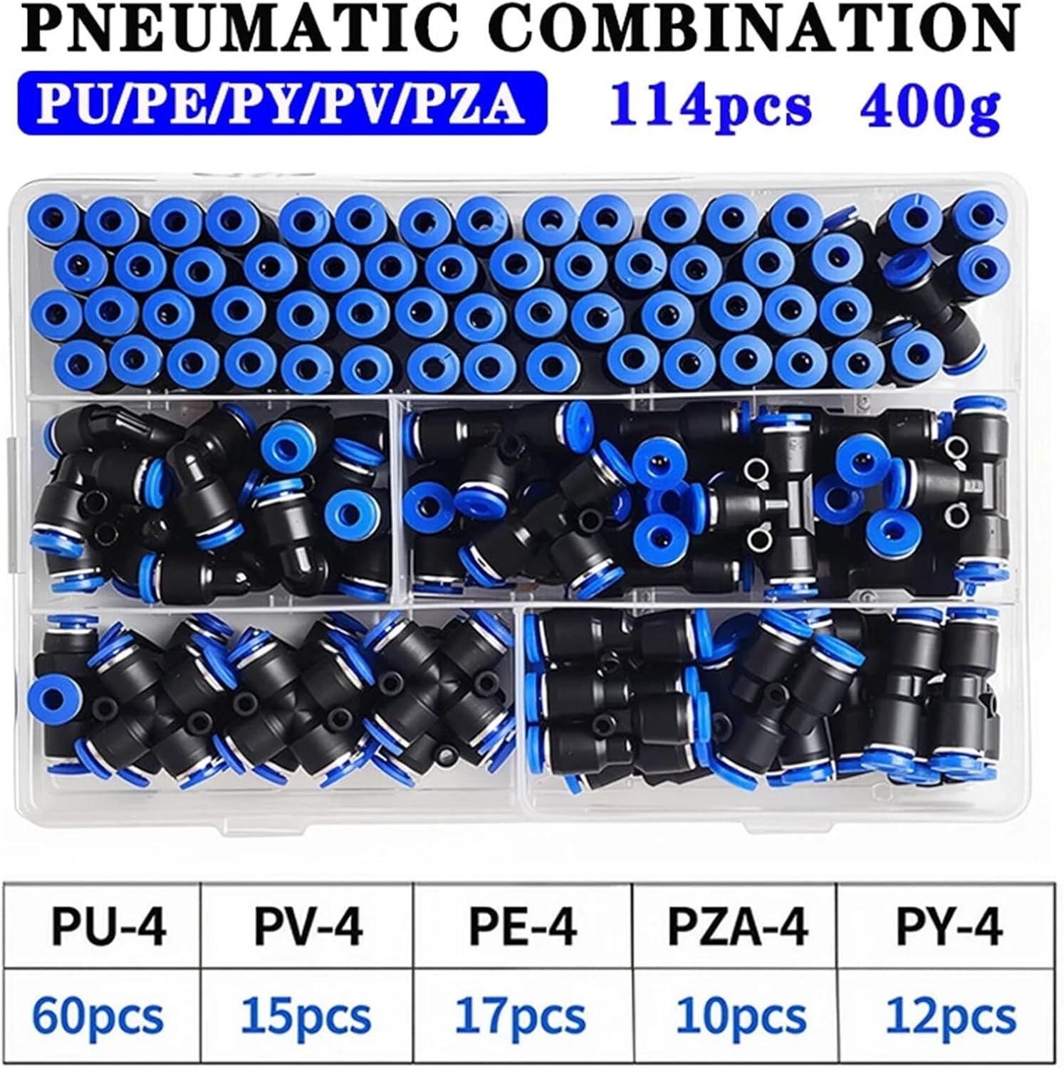 114Pcs/Box 4mm PU-4/PE-4/PZA-4/PY-4/PV-4/PG-4 Air Hose Connector Quick Release Pneumatic Push to Connect Fittings Kit(5 BOXES)