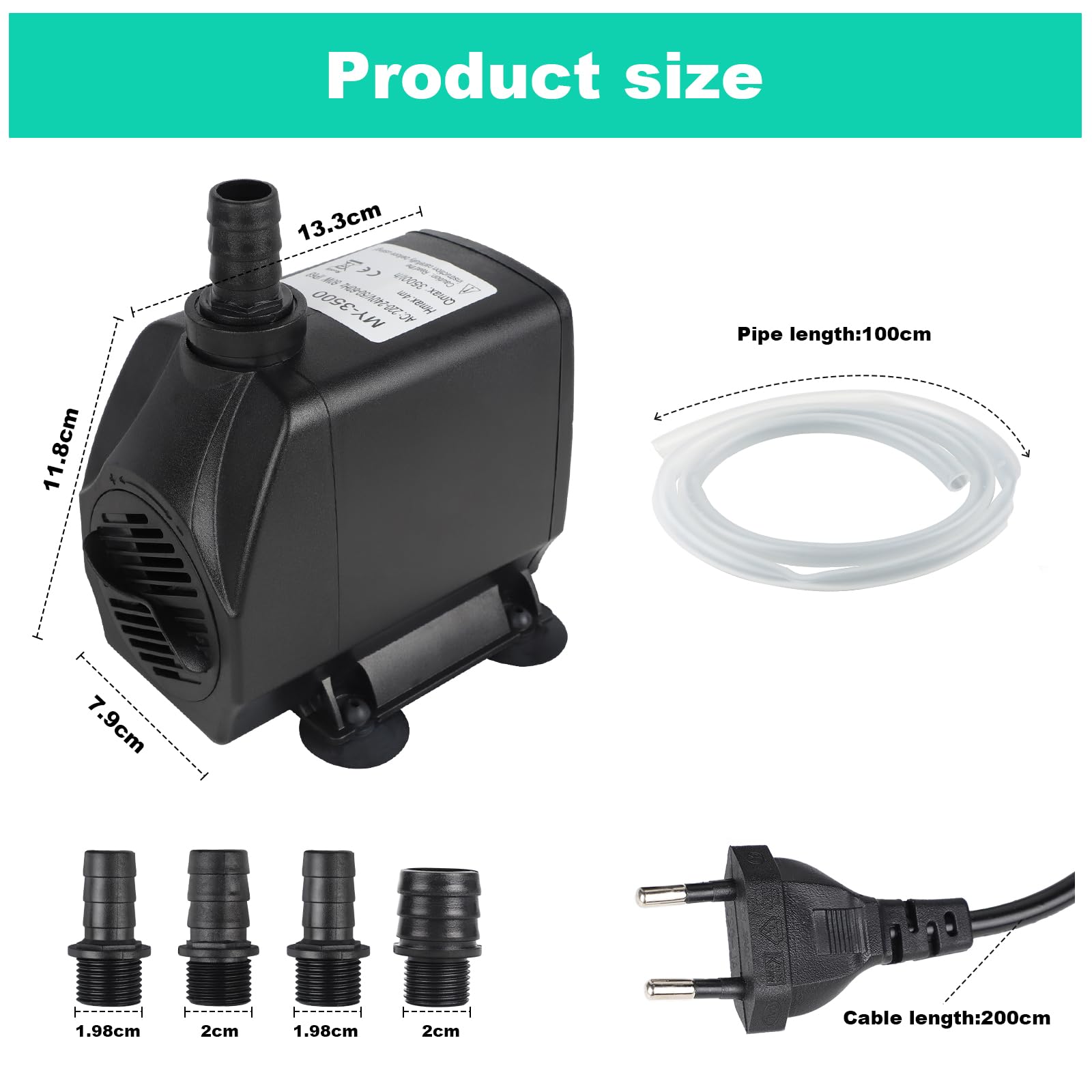 EXLECO Bomba Aguas Acuario max. 3500L/H Bomba Sumergible Aguas Sucias 60W 220V Bomba Fuente Exterior Bomba Estanque Bomba Achique Aguas Pequeña para Jardin Filtración, con 1 Manguera 4 Boquillas
