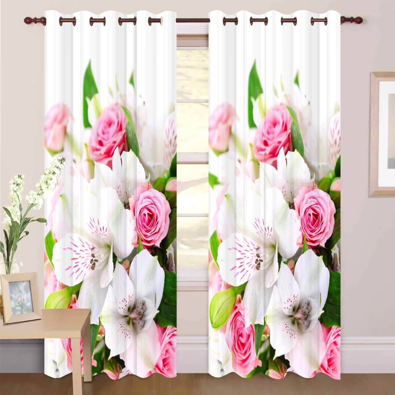 DHEBA FASHION 3D Flowers Digital Printed Polyester Fabric Curtains for Bed Room Living Room Kids Room White Color Window/Door/Long Door(D.N.A268) (4 x 7 Feet (Size: 48 x 84 Inch) Door, 2)
