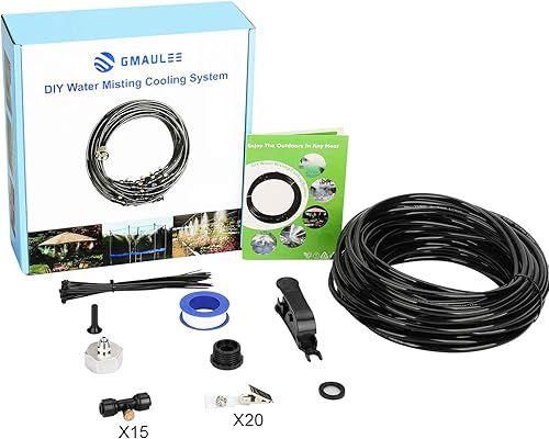 Miniatura 7 de GMAULEE Sistema de enfriamiento por nebulización, línea de nebulización de 65.6 pies (65.6 ft) + 20 boquillas de niebla de latón + un conector de