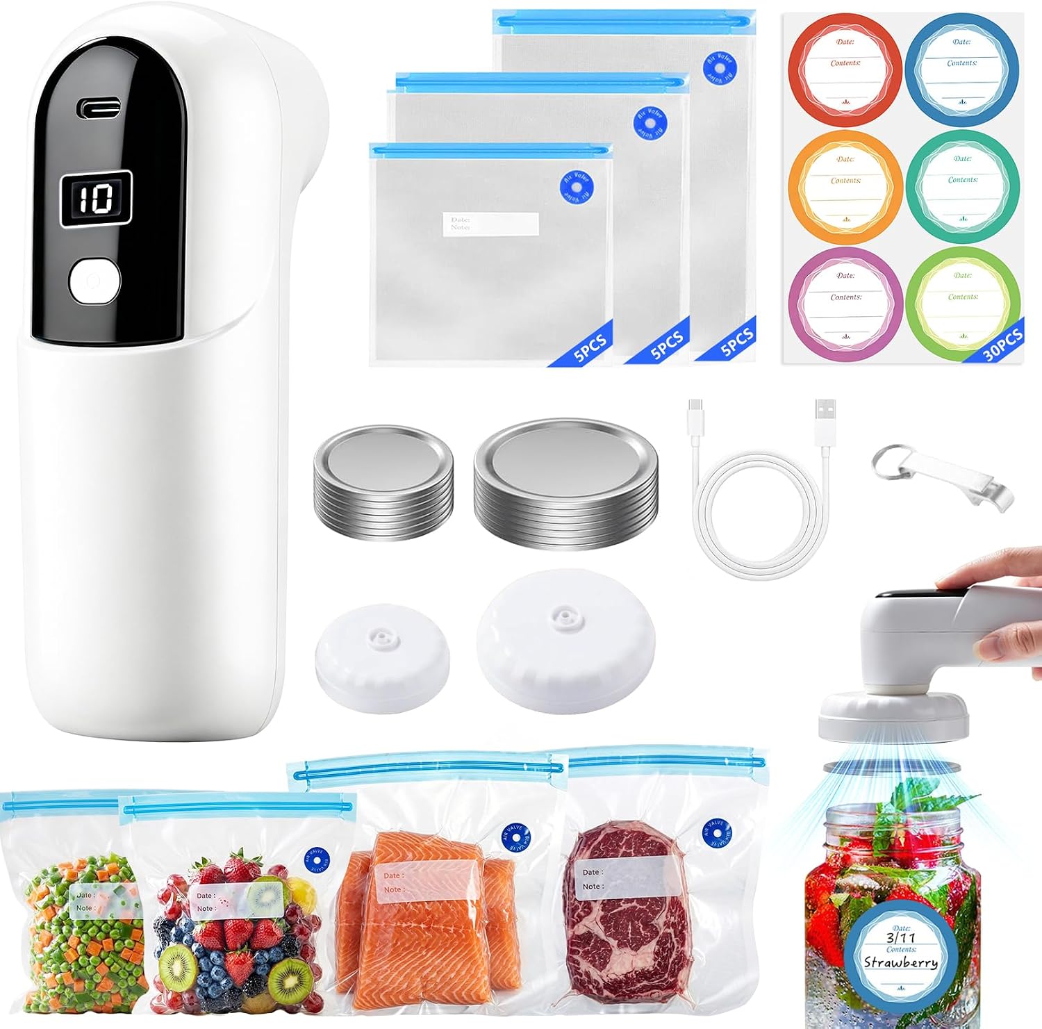 2-in-1 Compact Vacuum Sealer for Food, Handheld Food Vacuum Sealer Machine | Compatible with Vacuum Bag and Mason Jar, Portable Seal Meal Saver Come with 15 Reusable Vacuum Bags and 14 Mason Jar Lids