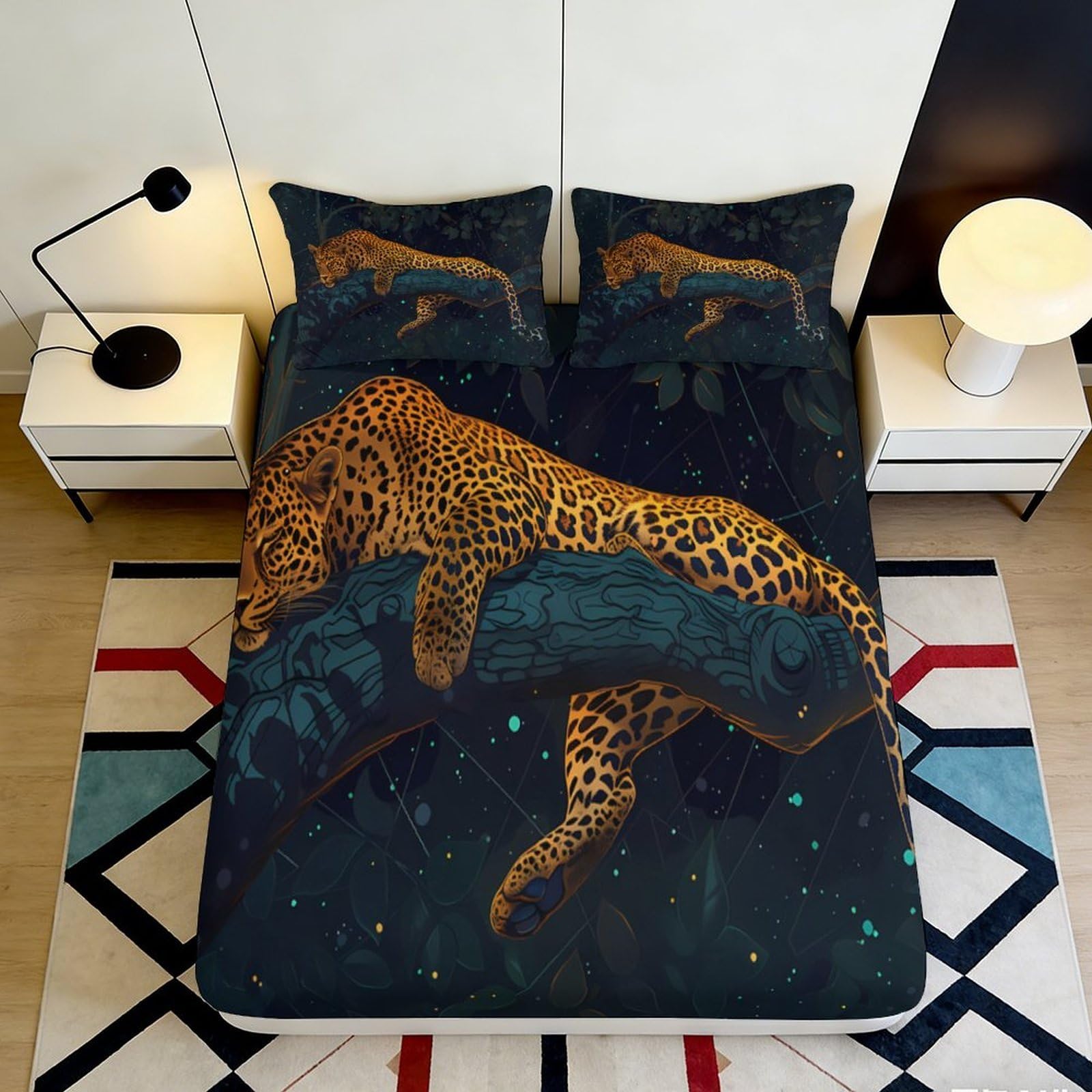 3D Printed Leopard Jungle Fitted Sheet Microfiber Soft Mattress Cover for Bedroom Dorm Decor Anti-Slip Washable 180x200x25cm