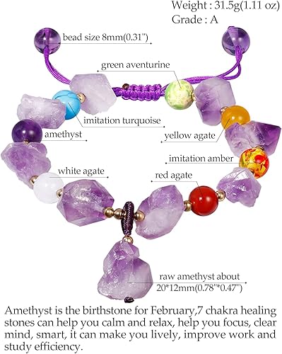 Miniatura 2 de Jewever Pulsera de 7 chakras con cristal de amatista cruda para mujer, cristales y piedras curativas, pulseras de cuentas ajustables para mujer,
