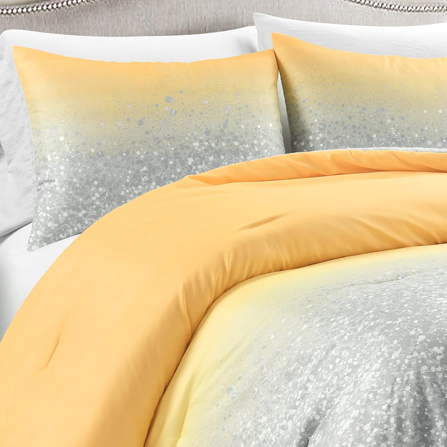 Lush Decor Glitter Ombre Metallic Print Quilt Twin Size 3 Piece Set Yellow & Gray - Toddler Bedding Set Twin Quilt - Yellow Quilts - Kids Bedroom Decor