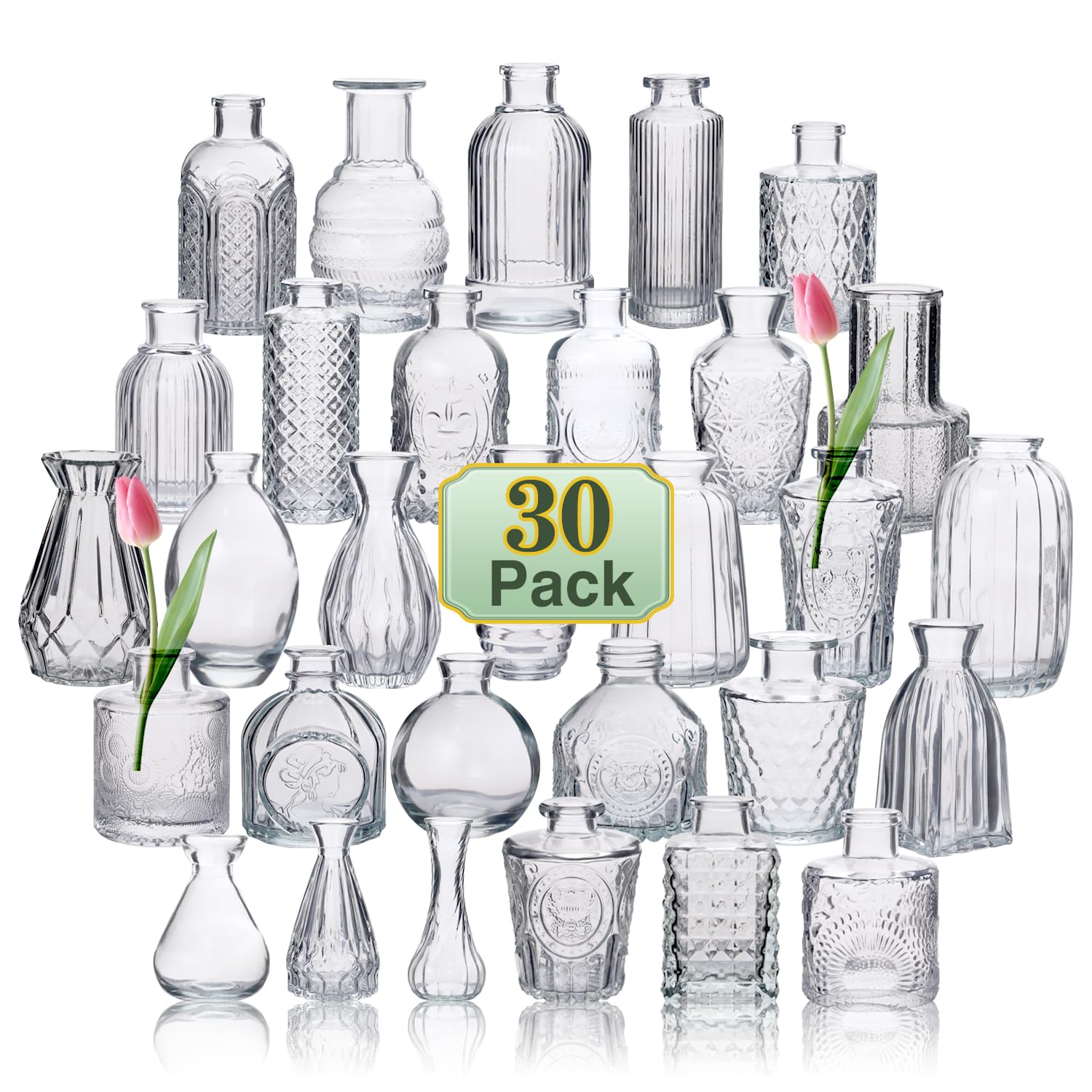 Photo 1 of Clear Glass Vase Set of 30 Pcs, Small Glass Vases in Bulk Mini Glass Vintage Vases for Centerpiece Rustic Wedding Table Decoration