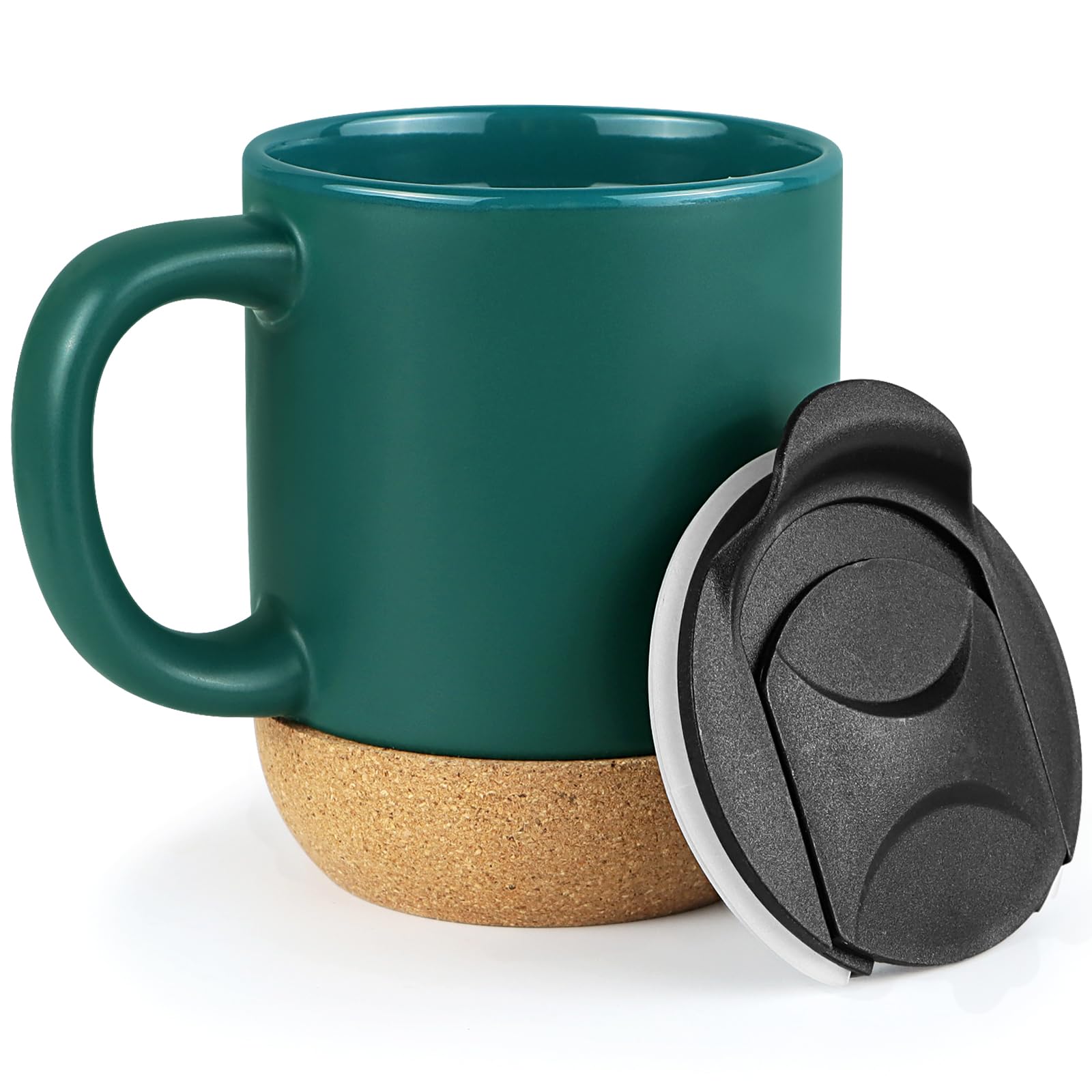 Hioph Ceramic Coffee Mug with Handle and Removable Lockable Lid with Sliding Sip Hole 400ML, Heatproof Cork Base Design. (Green) (Green) โ image 1