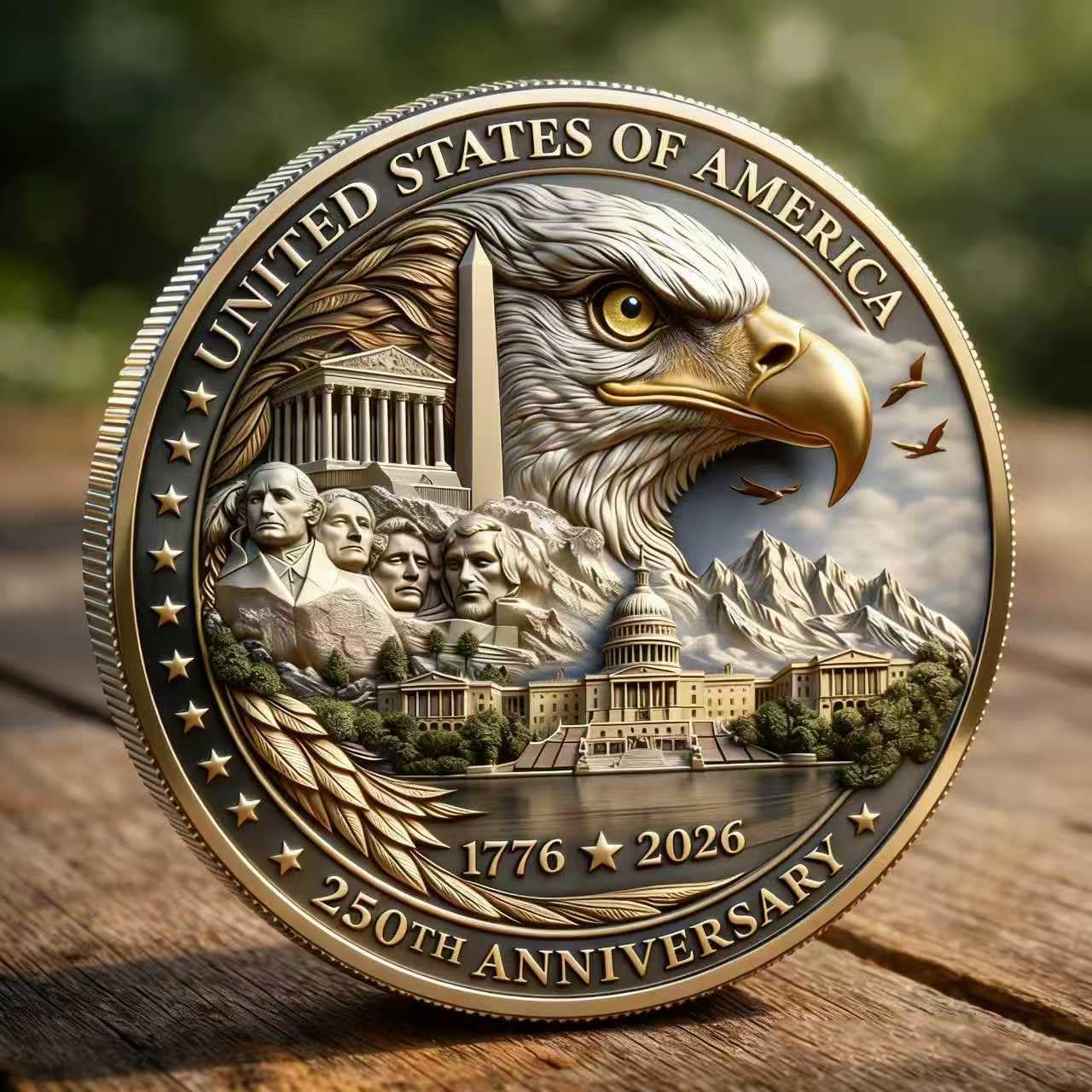 USA 250th Anniversary Commemorative Coin 1776-2026, Semiquincentennial Patriotic Challenge Coin with Bald Eagle and Mount Rushmore 3D Relief, American History Collectible Souvenir Gift for Veterans