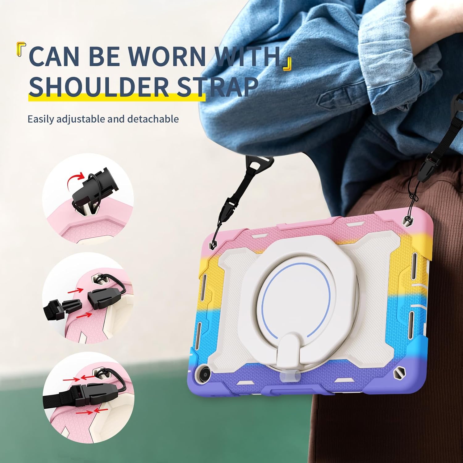 Tablet Silicone Case for Huawei MatePad SE 10.4",Shockproof Case with Pencil Holder,Shoulder Strap,Rotating Large Ring Hanging Kickstand for Kids