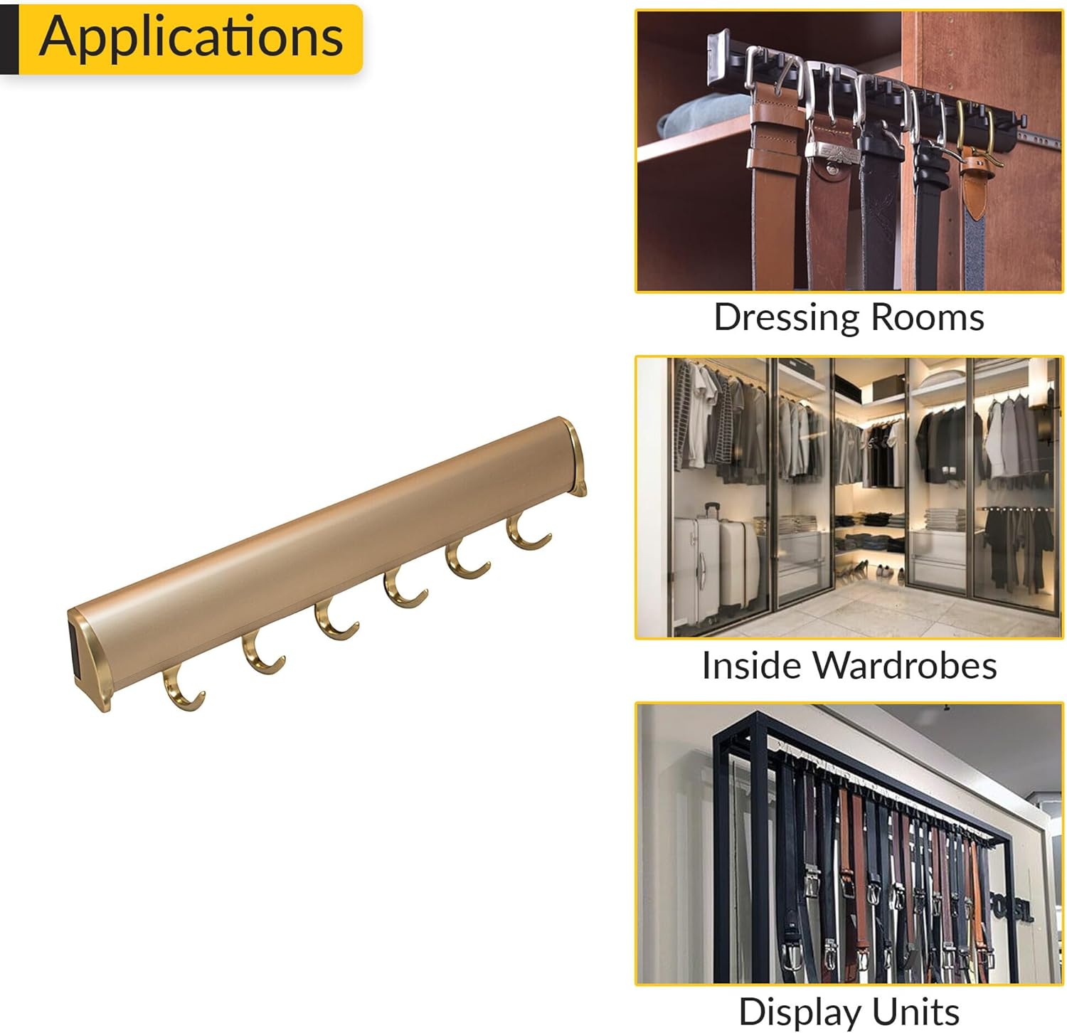 Brixwell QIL2-004 Belt Rack, TAG Synergy Elite Collection, 6 Hook, 13 7/8" with Full Extension Slide, Matt Gold Matt Gold