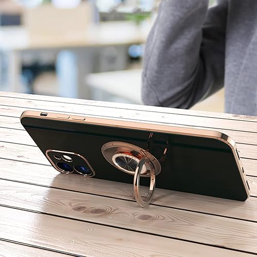 Miniatura 3 de Funda para iPhone 15 Plus con soporte de anillo con chapado de diamante brillante, borde de oro rosa integrado, soporte magnético de rotación 360