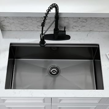 32 Inch Black Undermount Kitchen Sink with Faucet - 32x19 Black Stainless Steel Undermount Sink with Faucet Combo, 10 Inch Deep Single Bowl Workstation Sinks with Accessories
