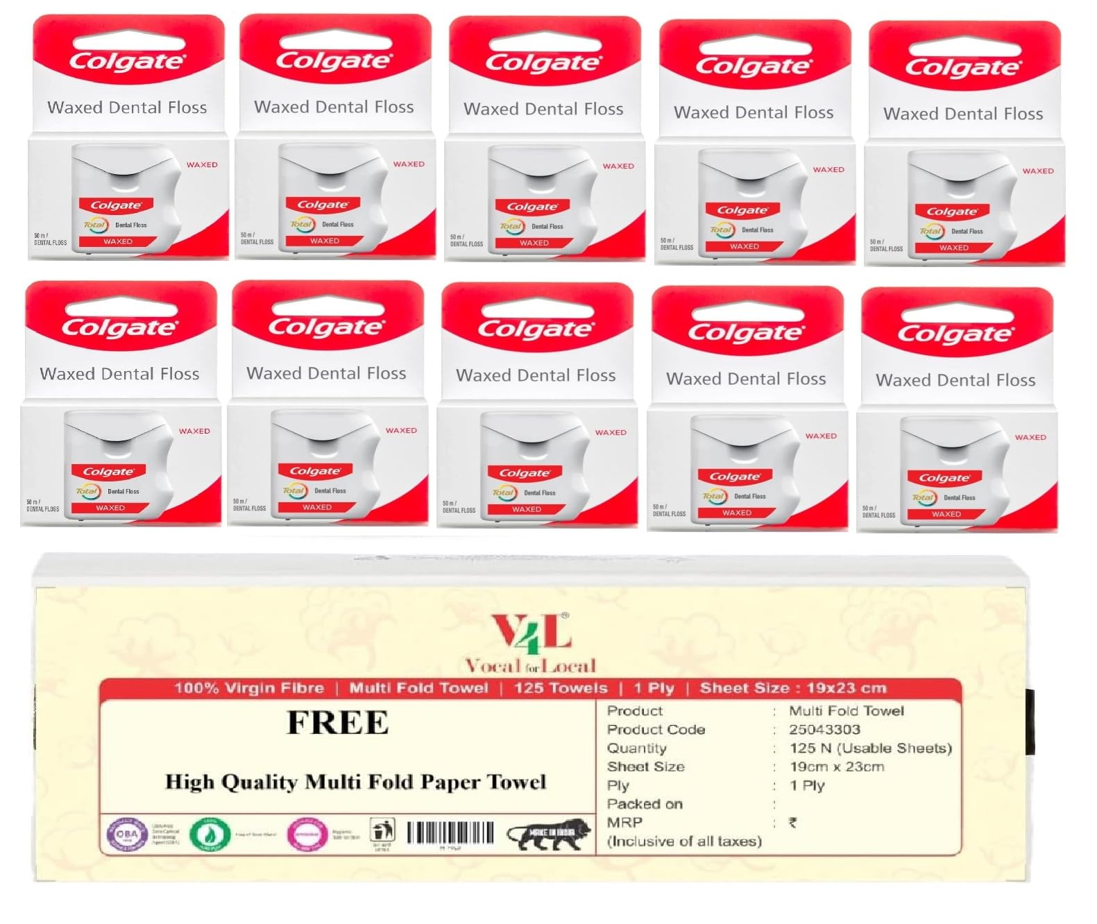 Colgate Total Dental Floss (Pack of 10) + V4L 125 Sheets Multifold Paper Towel Free
