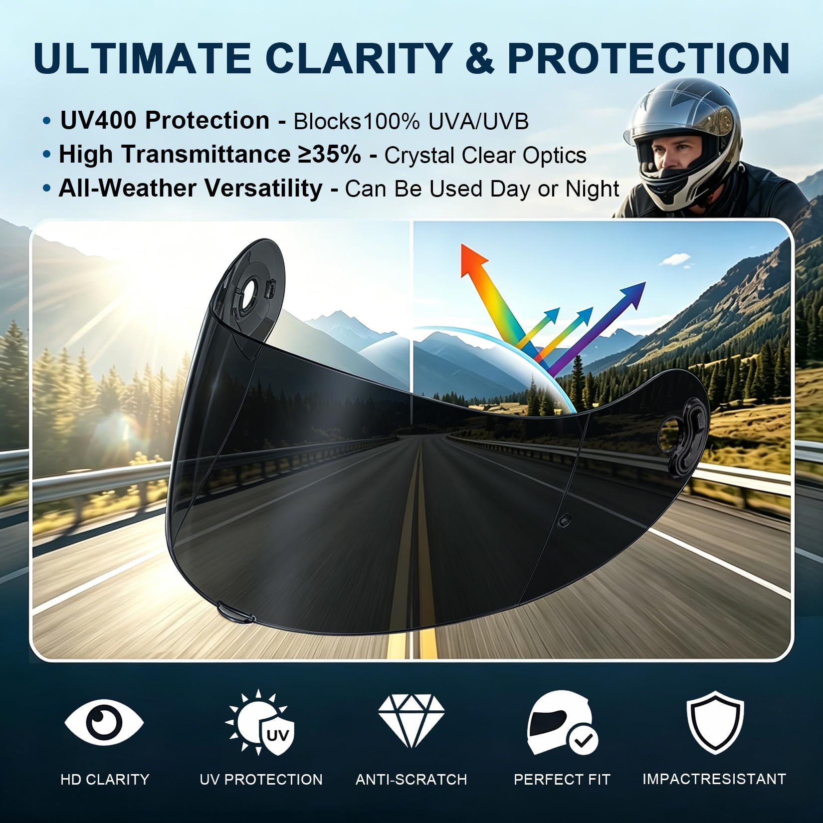 PSLER Visiera per Casco per Nolan X-Lite X-803 RS Ultra Carbon, X-803, X-802RR, X-802, Ricambio Visiera Anti-Graffio e UV, Pinlock Ready(Nero Chiaro)