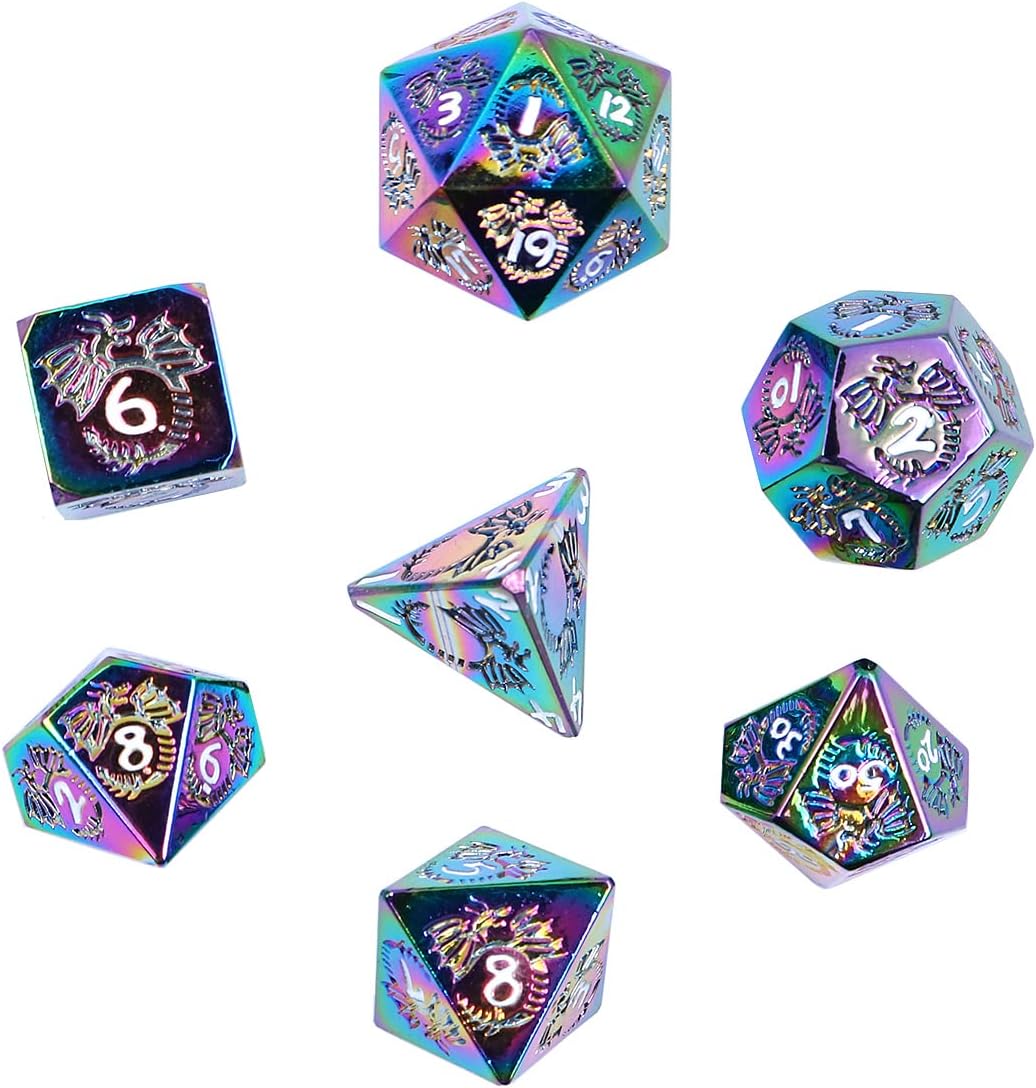 DollaTek Dragon Pattern DND Metal Dice Set Used for Dungeon and Dragon DND Dice Game (with Black Bag) - colorful