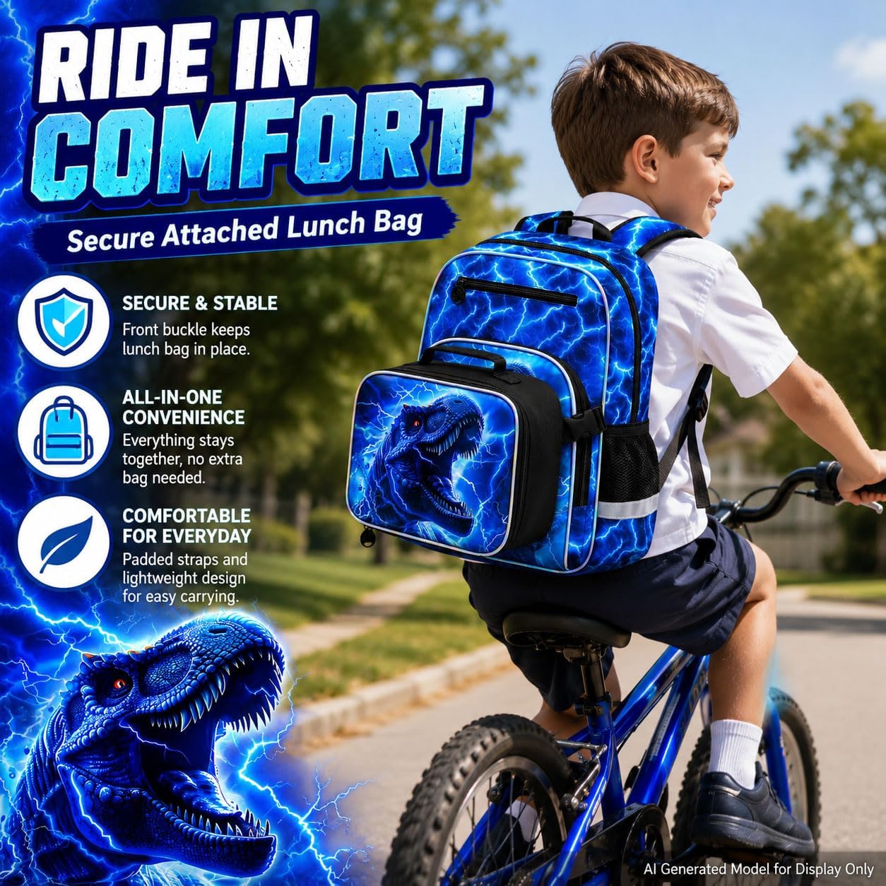 UFNDC Lightning Dinosaur Backpack for Boys, 3PCS Kids Bookbag Set with Clip-On Lunch Box, 17” Water Resistant School Bag for Elementary Preschool Toddler, CLIP & GO! image 5