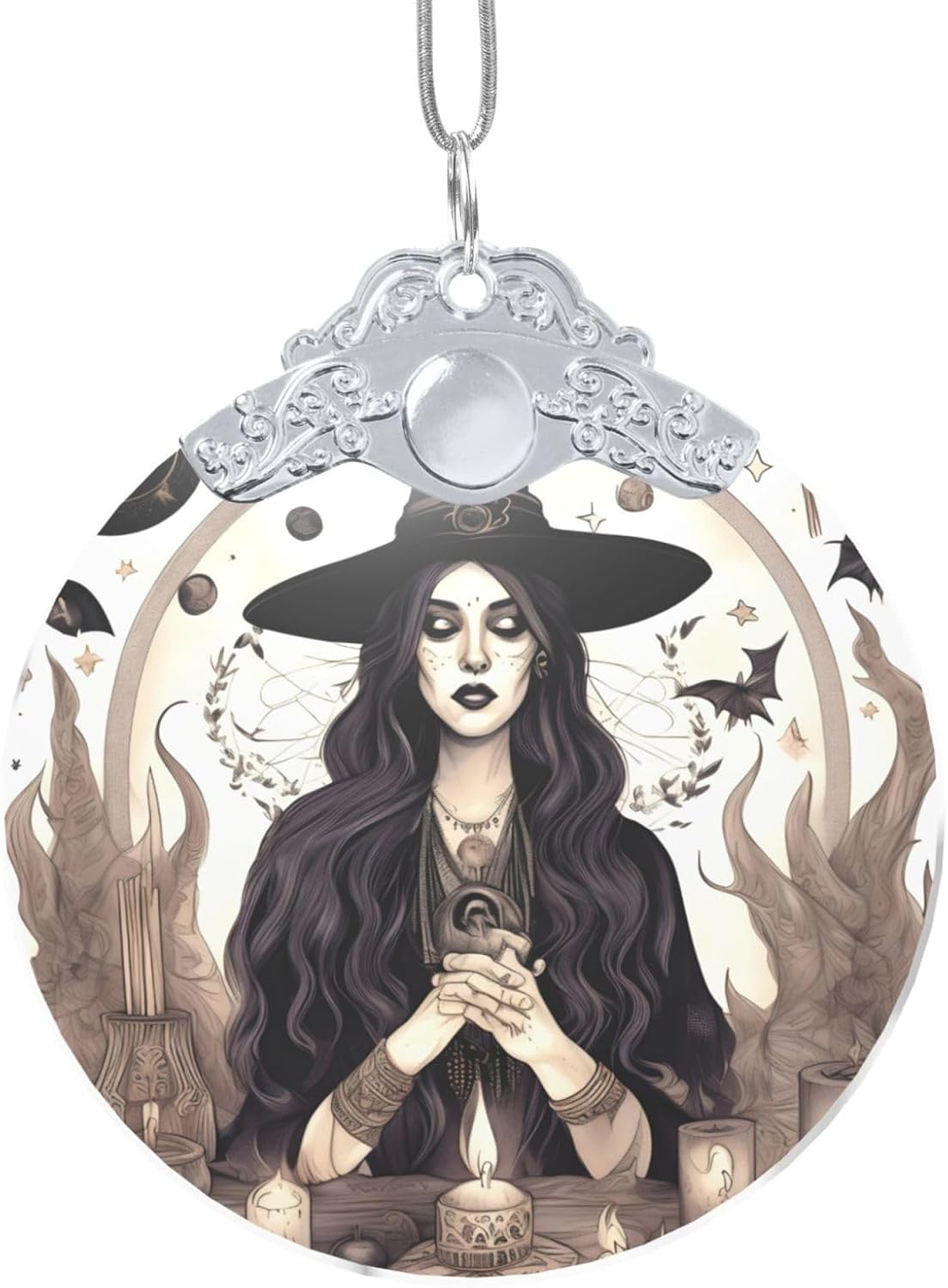 Magic Witch Witchcraft Bohemian Drawing Print Glass Round Pendant,Indoor Use Pendant Holiday Decoration,Anniversary Present Birthday Gift