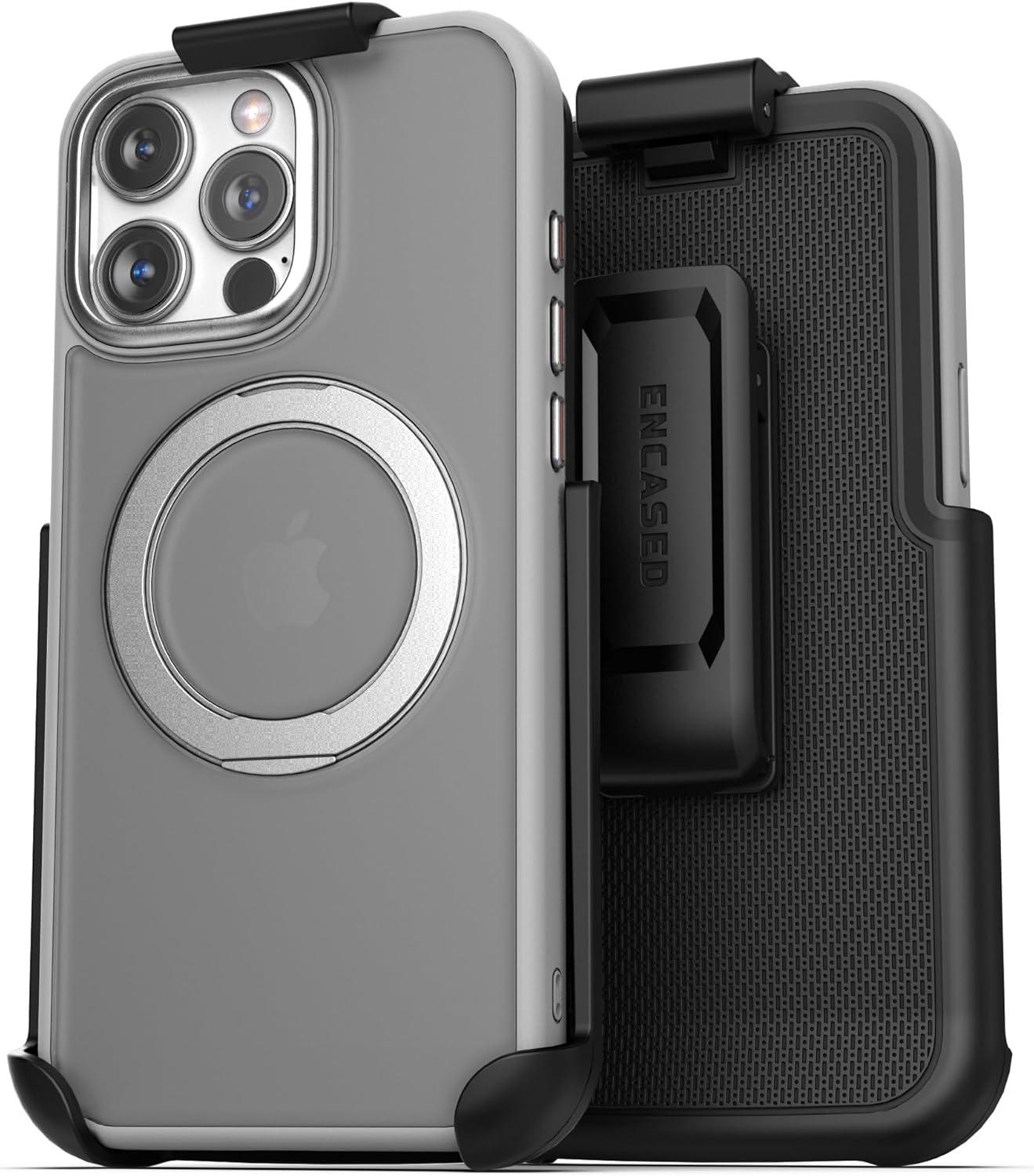 Encased for iPhone 16 Pro Max Case with Belt Clip Holster - Compatible with MagSafe [360] Magnetic Rotating Kick Stand (Frost/Gray) - 2024 Release