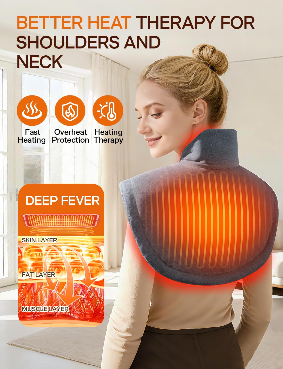 ALLJOY Termoforo Cervicale e Spalle, 22"x18" Cuscinetto Termico Riscaldato per Collo, 4 Livelli di Calore, 2.2LB, 90 Mins Spegnimento Automatico, Lavabile in Macchina