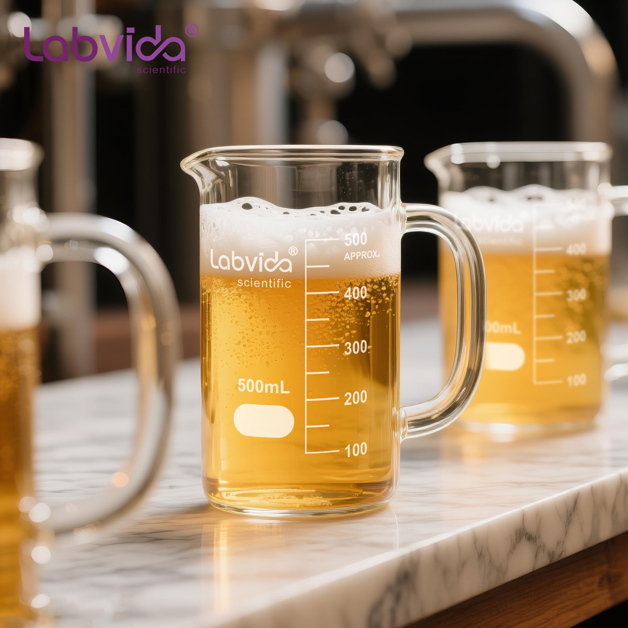 LVAT002 - Vaso de vidrio con asa, 4 unidades de vol. 500 ml, borosilicato 3.3 Griffin de forma baja con graduación impresa, LVAT002