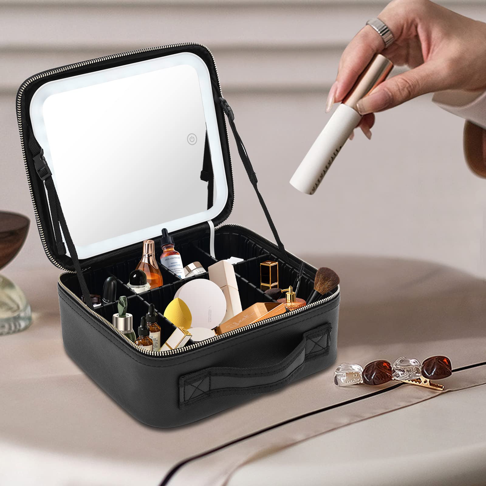 Reisekosmetiktasche mit beleuchtetem Spiegel, Tragbar Kosmetiktasche mit 3 Farbmodi dimmbaren Lichtspiegel, PU Make up Organizer Tasche (Schwarz)