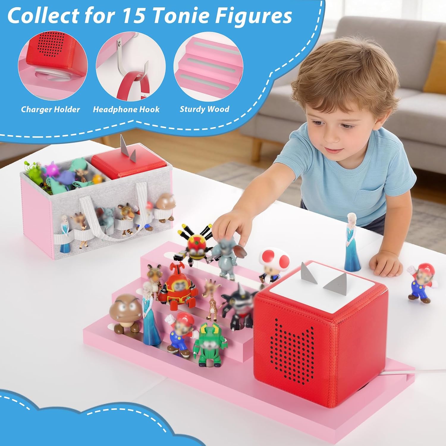 for Tonie Shelf Magnetic - Wooden Tonies Organizer with Carrying Bag, 3 Tiered Magnetic Display Shelf for Toniebox Holder, Wall Mount/Countertop Use Tonies Toy Storage for Kids Room/Playroom (Pink)