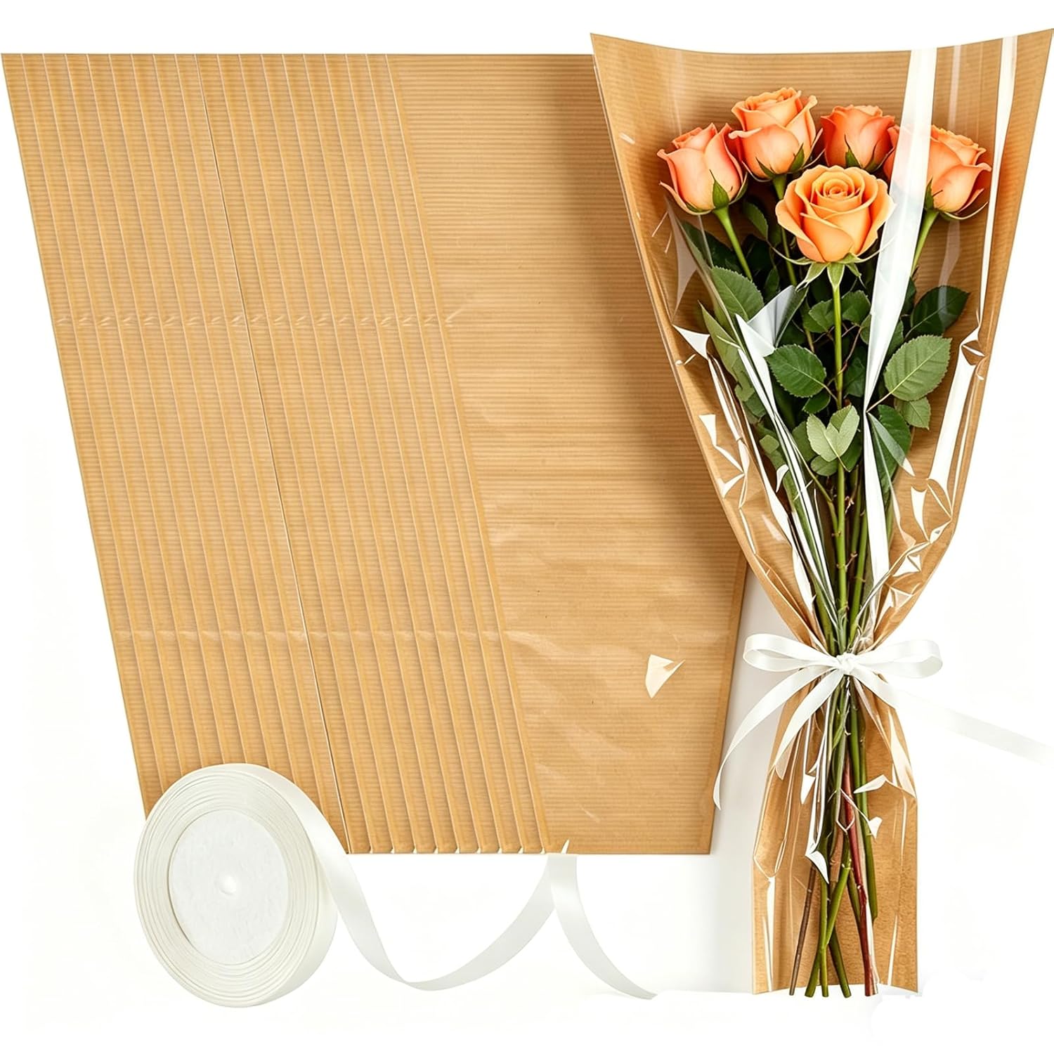 LEFIMOT 50Pcs Flower Bags for Bouquets, Flower Wrapping Paper Kraft Floral Wrap Sleeves with Ribbons for Birthday Wedding Christmas Gift, Florist Wrap Supplies,17.8 * 9.4inch(Brown)