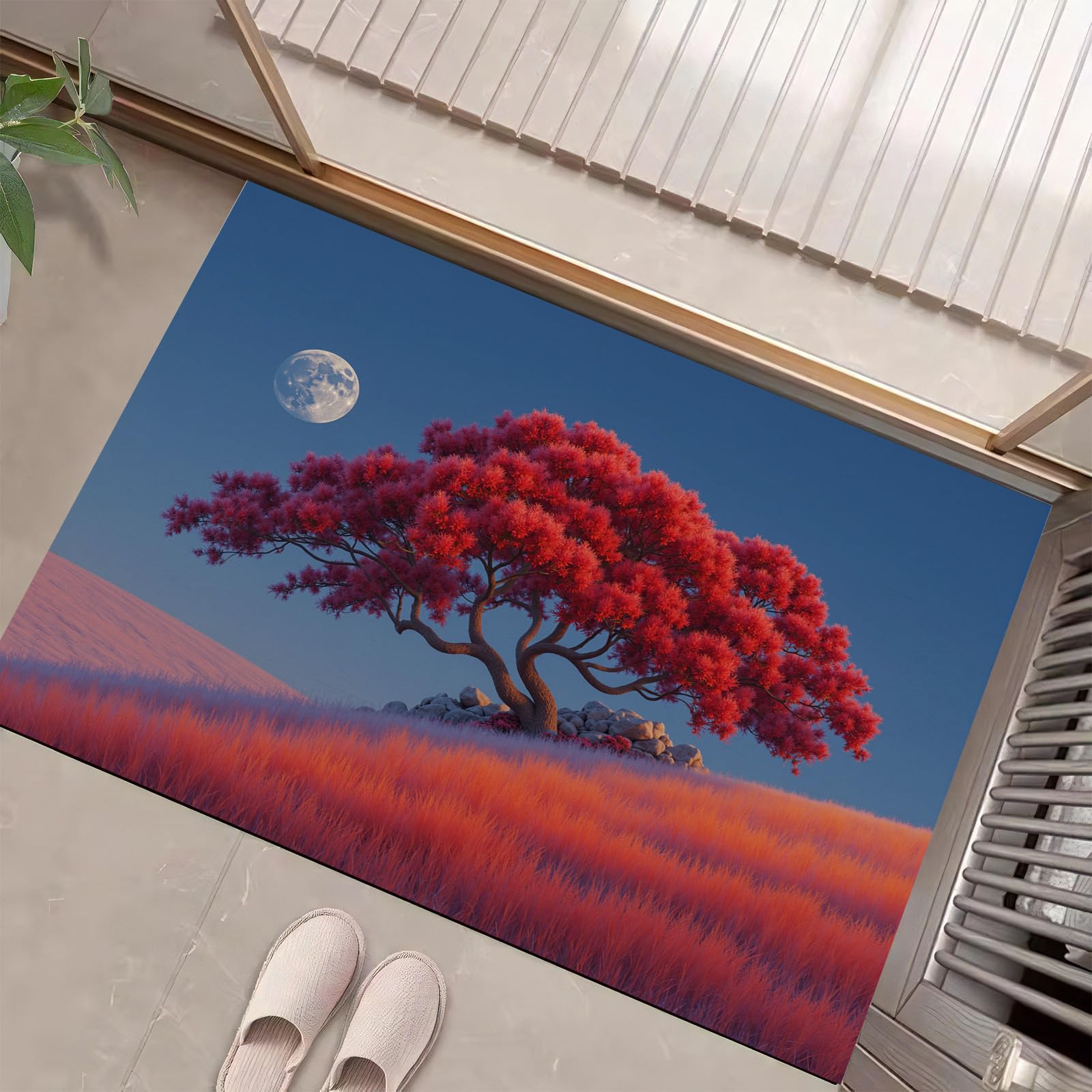 Paillasson lune et arbres rouges 60x90 cm tapis d'entrée intérieur et extérieur antidérapant