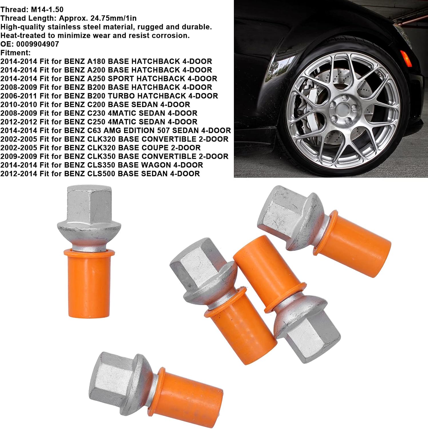 Yctze 5pcs M14-1.50 Wheel Lug Bolts 0009904907, Stainless Steel Lug Nuts Bolts for B200 C180 E350 R320