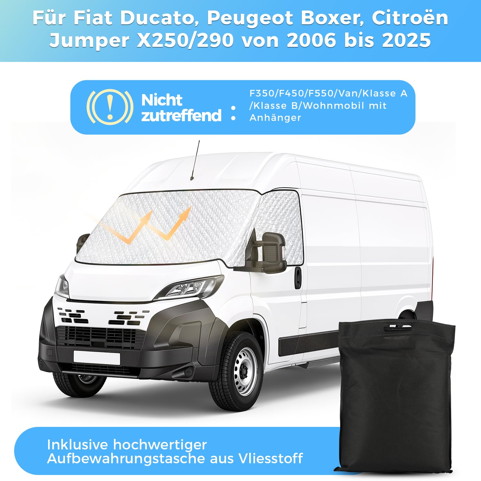 Thermische Fenstermatte Silber Thermische Abdeckung für FIAT Ducato, Citroen Jumper X250/290 von 2006-2025, Wohnmobil Sonnenschutz Frontscheibenabdeckung, Ganzjahresschutz gegen UV, Hitze, Frost