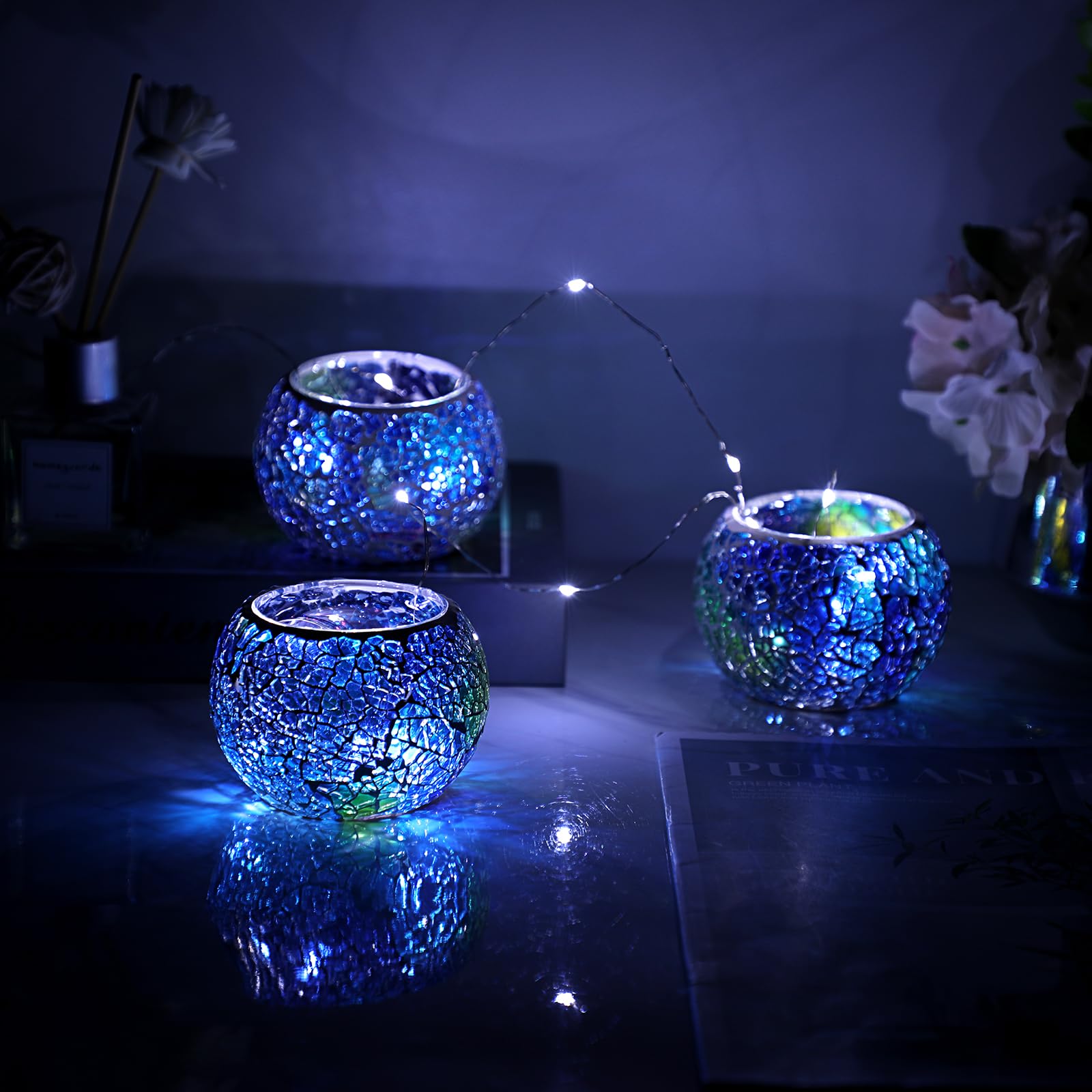 BSTKEY Set di 3 portacandele in vetro a mosaico, portacandele votivi, portacandele rotondi per tavolo, matrimoni, feste, decorazioni per la casa (blu)