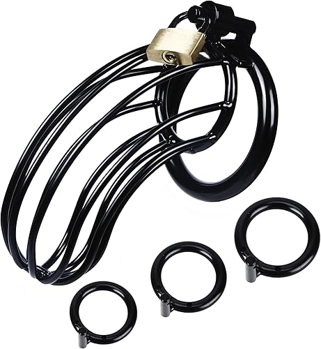 Jaula de castidad masculina  Jaula de metal grande para pene con dispositivo de castidad bloqueado con 3 tamaños de anillos y 2 llaves, juguetes