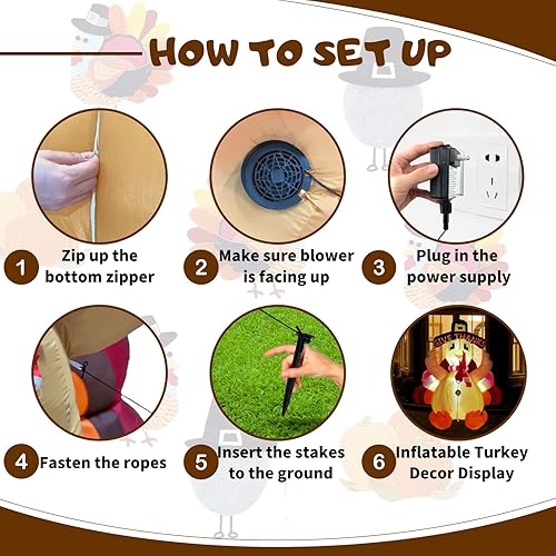 Miniatura 6 de Decoración inflable de césped de pavo de Acción de Gracias, 6 pies, gigante, inflables de pavo al aire libre, decoraciones de patio con sombrero de