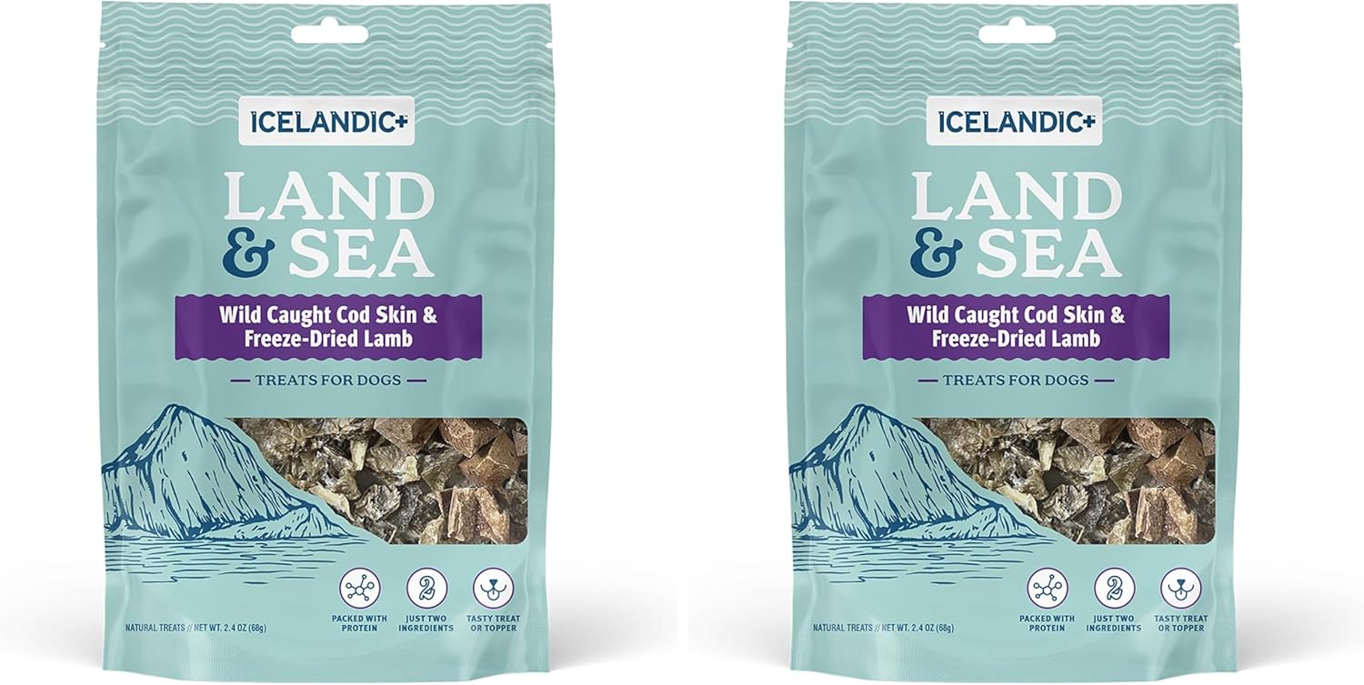 Icelandic+ Land & Sea Wild Caught Cod Skin & Freeze-Dried Lamb - 2.4oz Bag, Dog Treat & Food Topper, 2 Ingredients, No Preservatives, All Natural (Pack of 2)