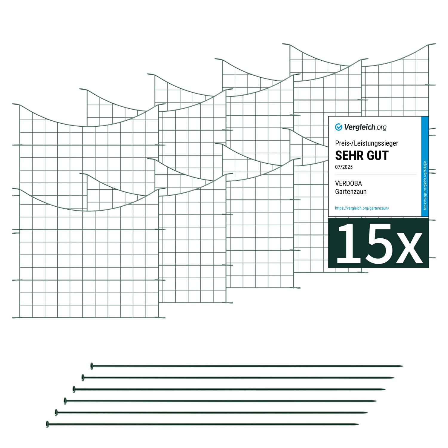 VERDOBA Premium Teichzaun - Gartenzaun Komplettset - 15 Zaunelemente - Zaun für den Garten, Gitterzaun Set Unterbogen Zaun Garten - Hundezaun, Gartenzaun Metall (15x Unterbogen, Grün - RAL 6005)