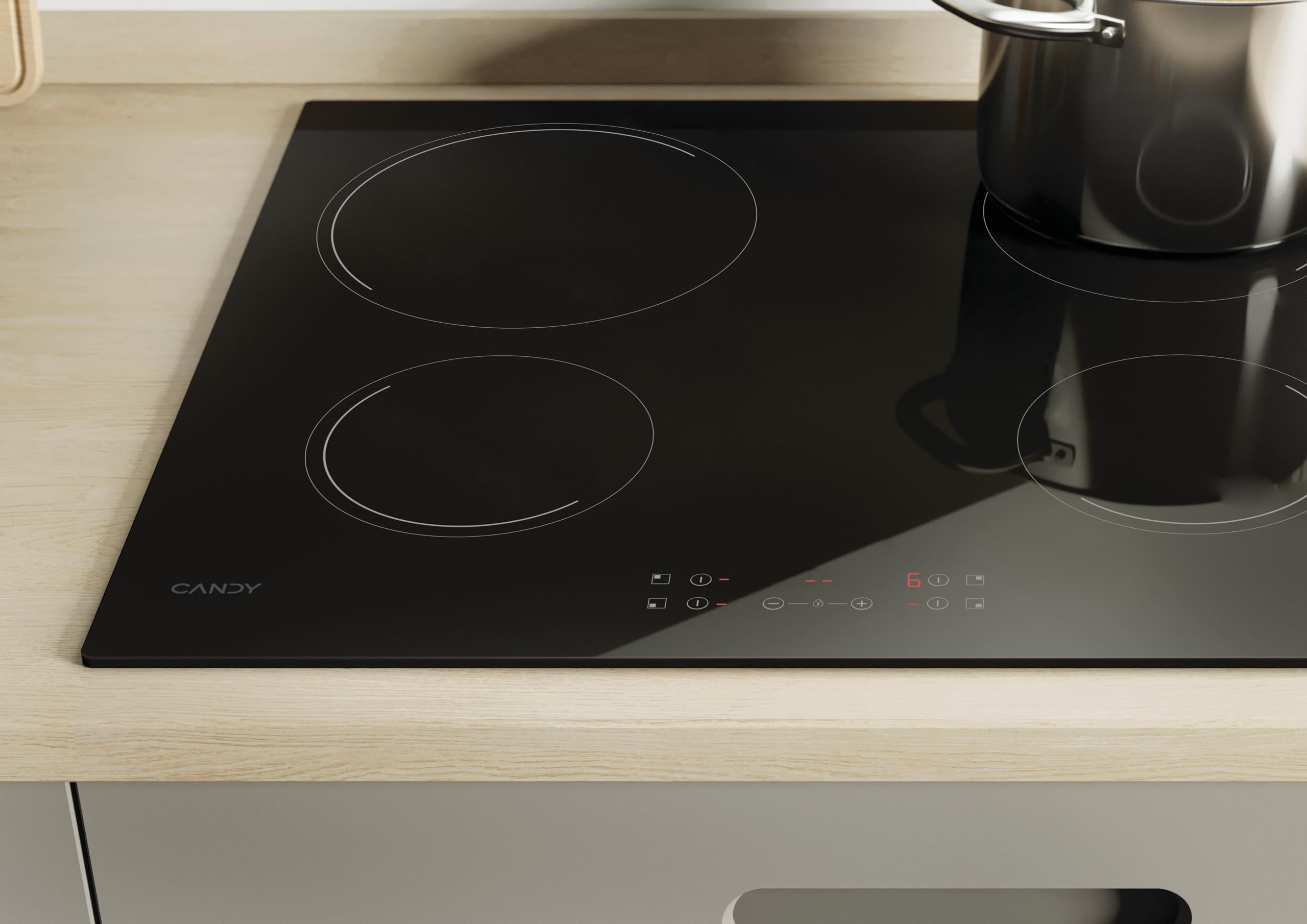 Candy Idea CH64CCB 4U2 Piastra in vetroceramica 4 fuochi, 60 cm, 10 livelli di potenza, 6,5 KW, comandi centrali, indicatore di calore, blocco di sicurezza, allarme surriscaldamento e versamenti, nero